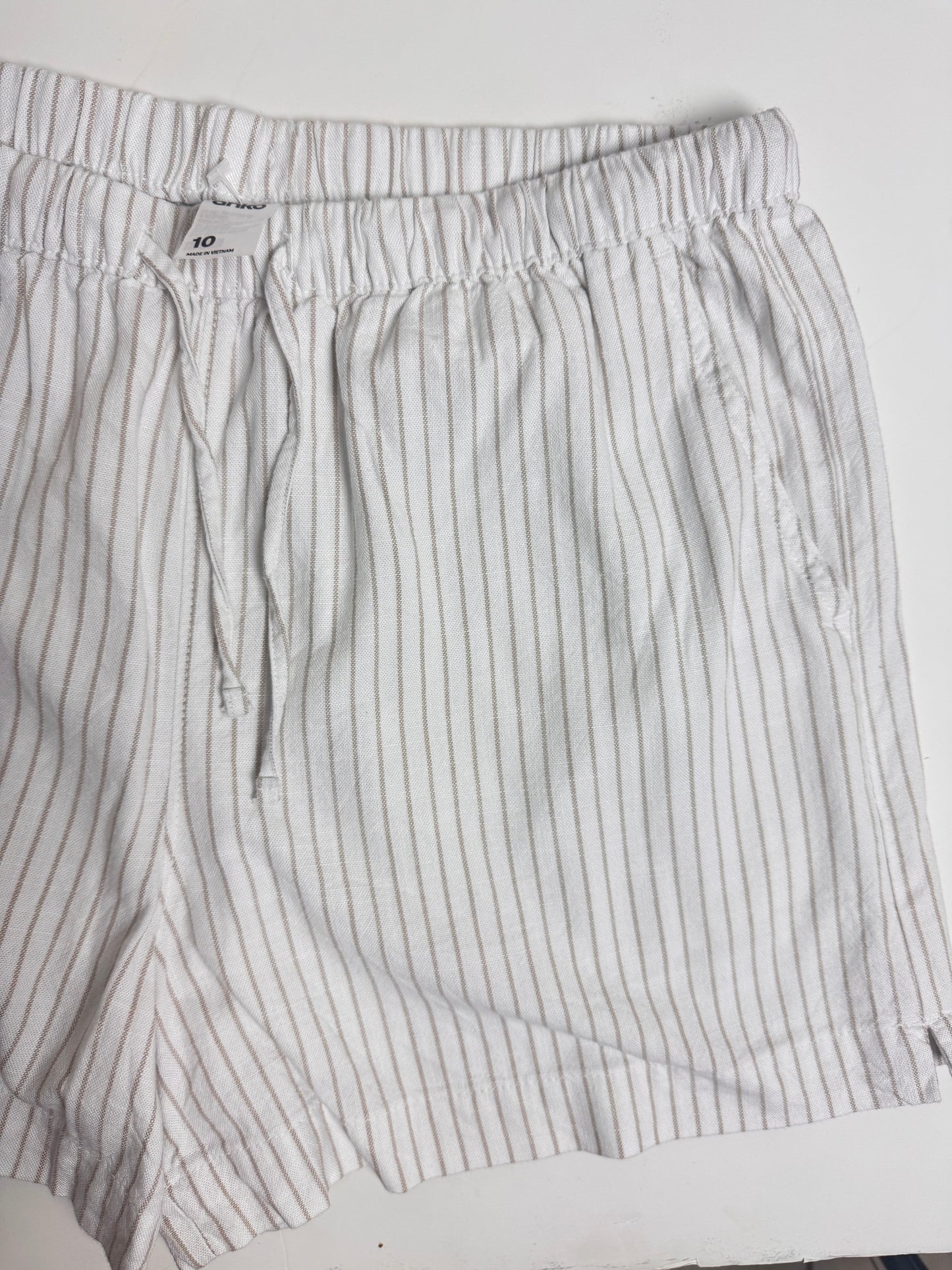 White & Beige Striped Linen Blend Relaxed Shorts