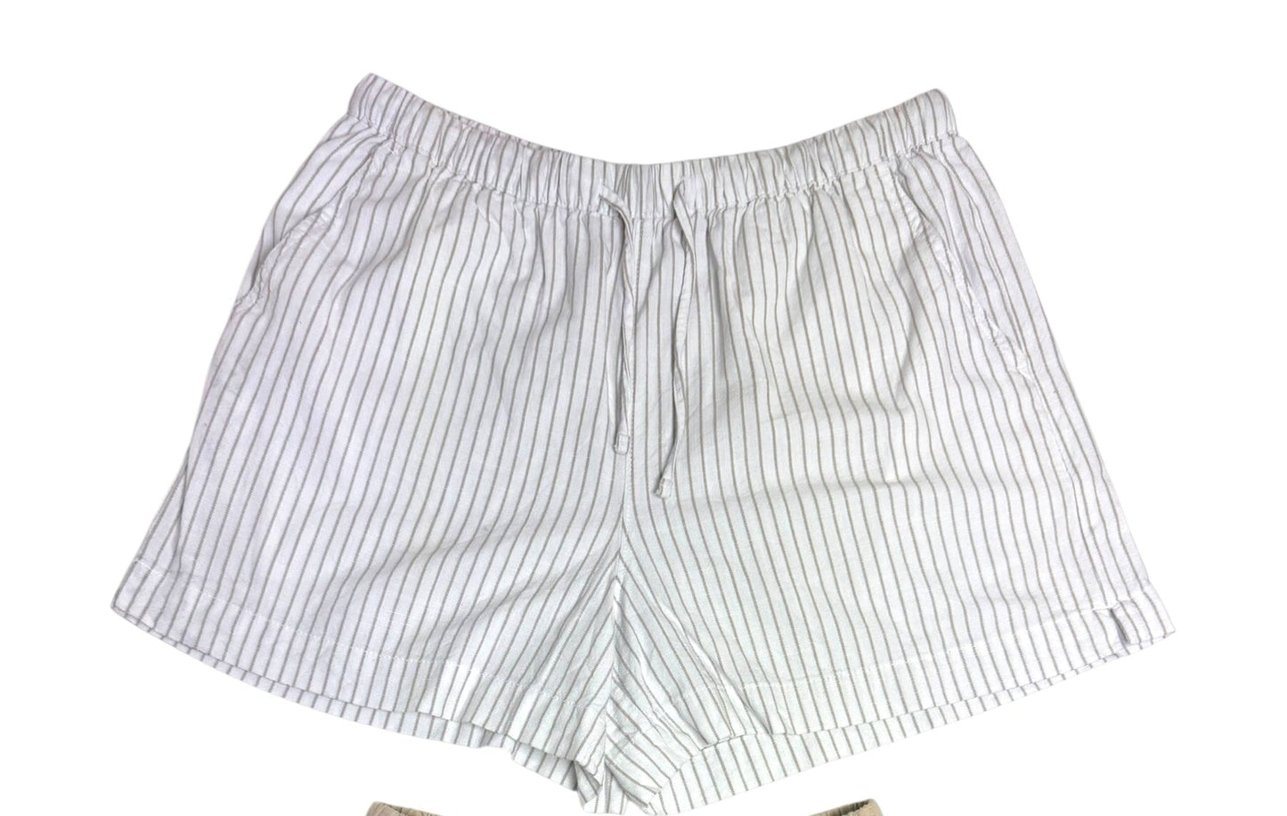 White & Beige Striped Linen Blend Relaxed Shorts
