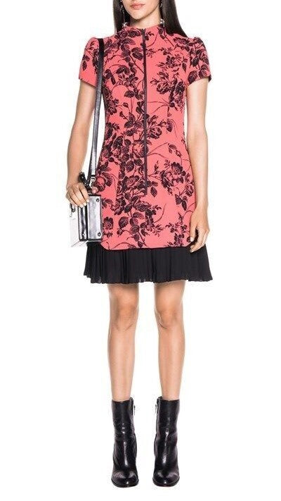CUE Floral Mandarin Collar Dress with Pleated Black Mermaid Hem – Elegant, Statement-Making Style