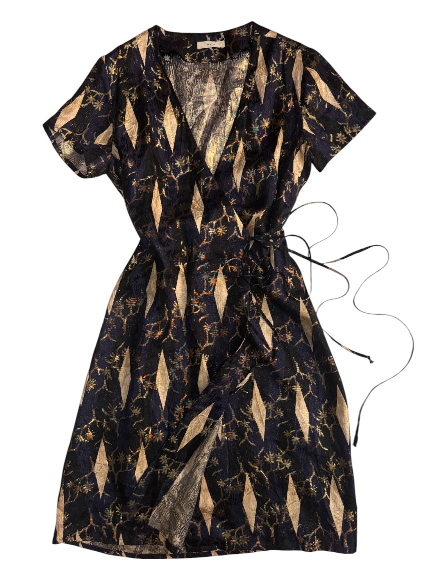 Matin Navy Silk Wrap Dress with Metallic Gold Diamond Pattern