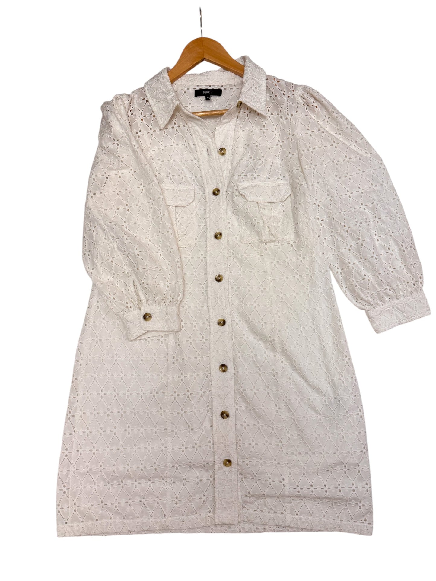 PIPER White Cotton Eyelet Summer Dress – A Line Button Down