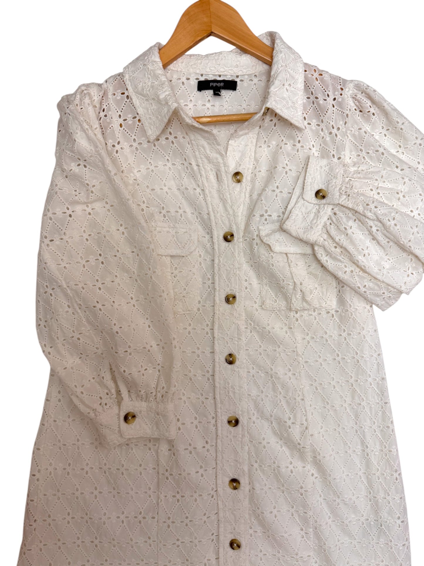 PIPER White Cotton Eyelet Summer Dress – A Line Button Down