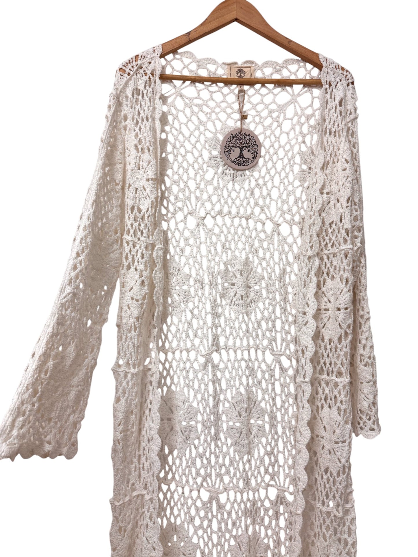Isabella White Crocheted Maxi Kimono Cover Up – Free Size Cotton
