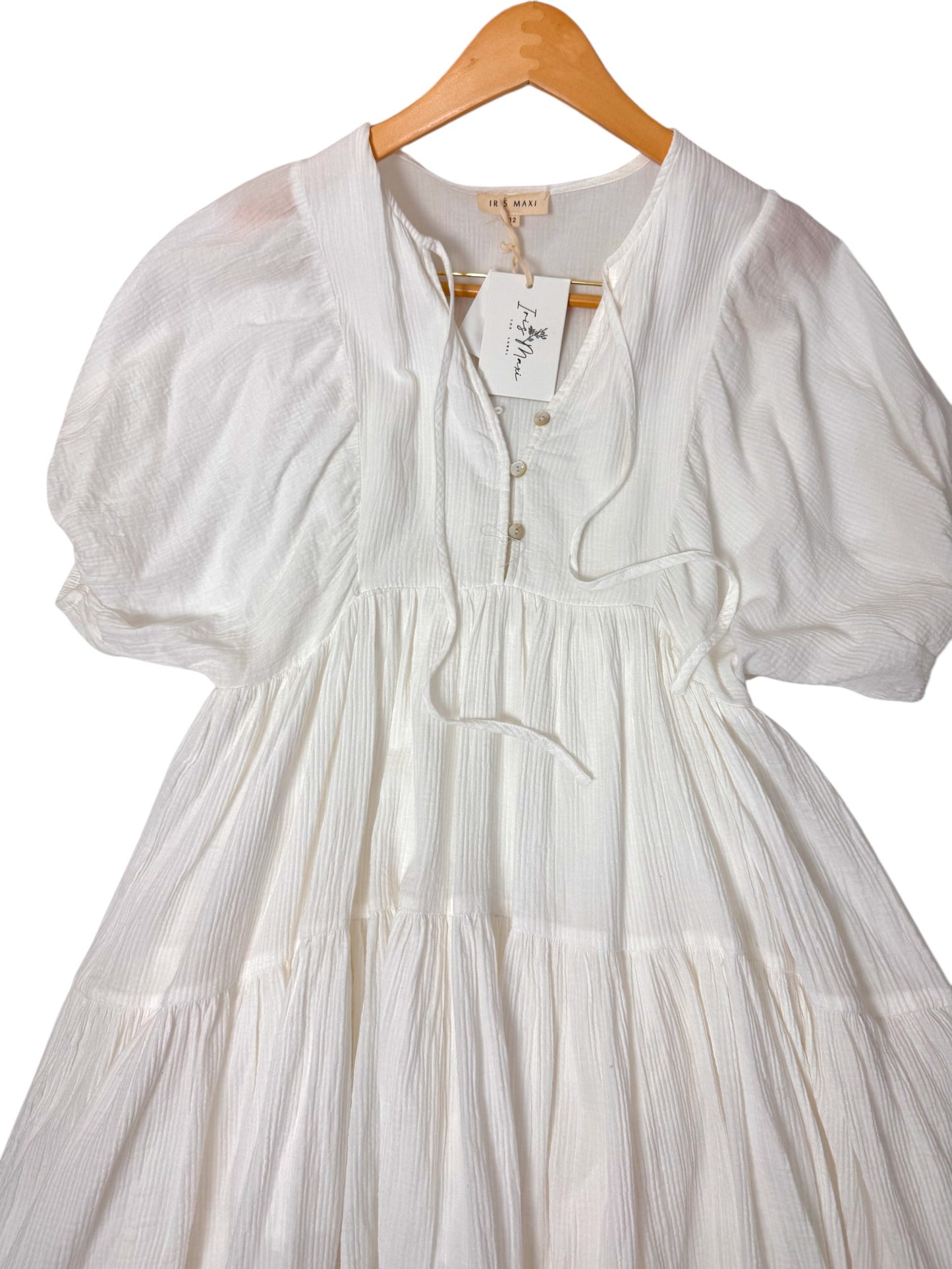 White Cotton Babydoll Tiered Mini Dress with Puff Sleeves