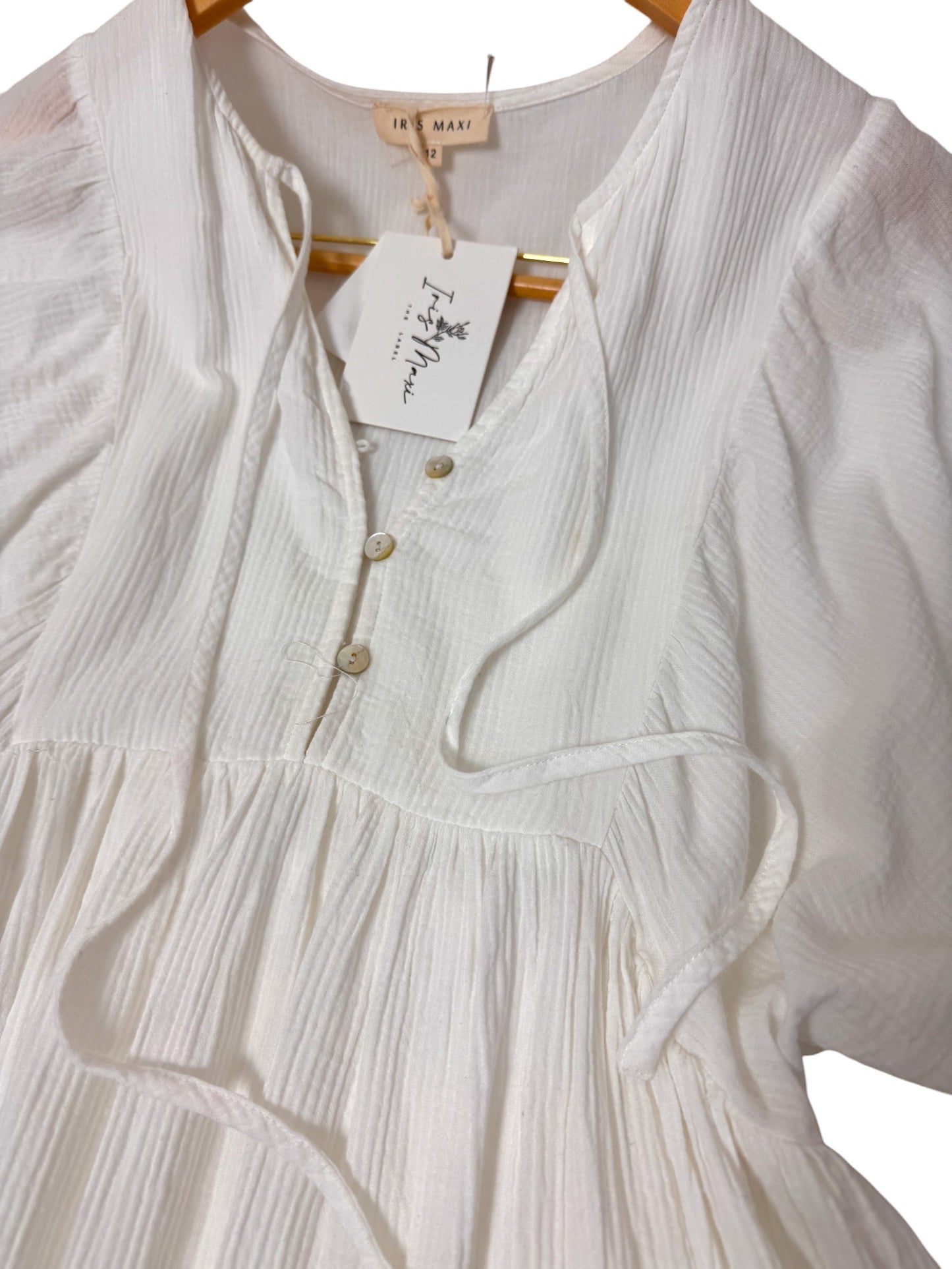 White Cotton Babydoll Tiered Mini Dress with Puff Sleeves