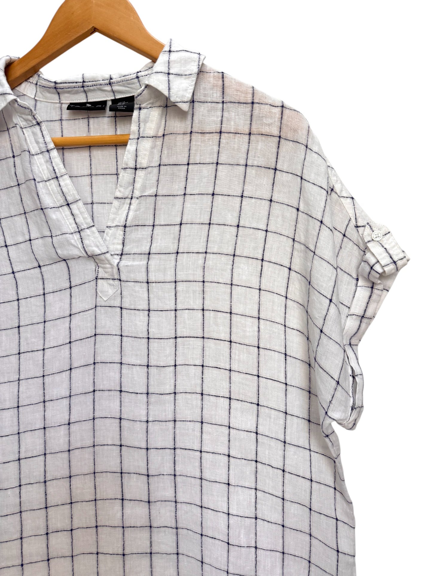 Tahari White Checked Linen Short Sleeve Top