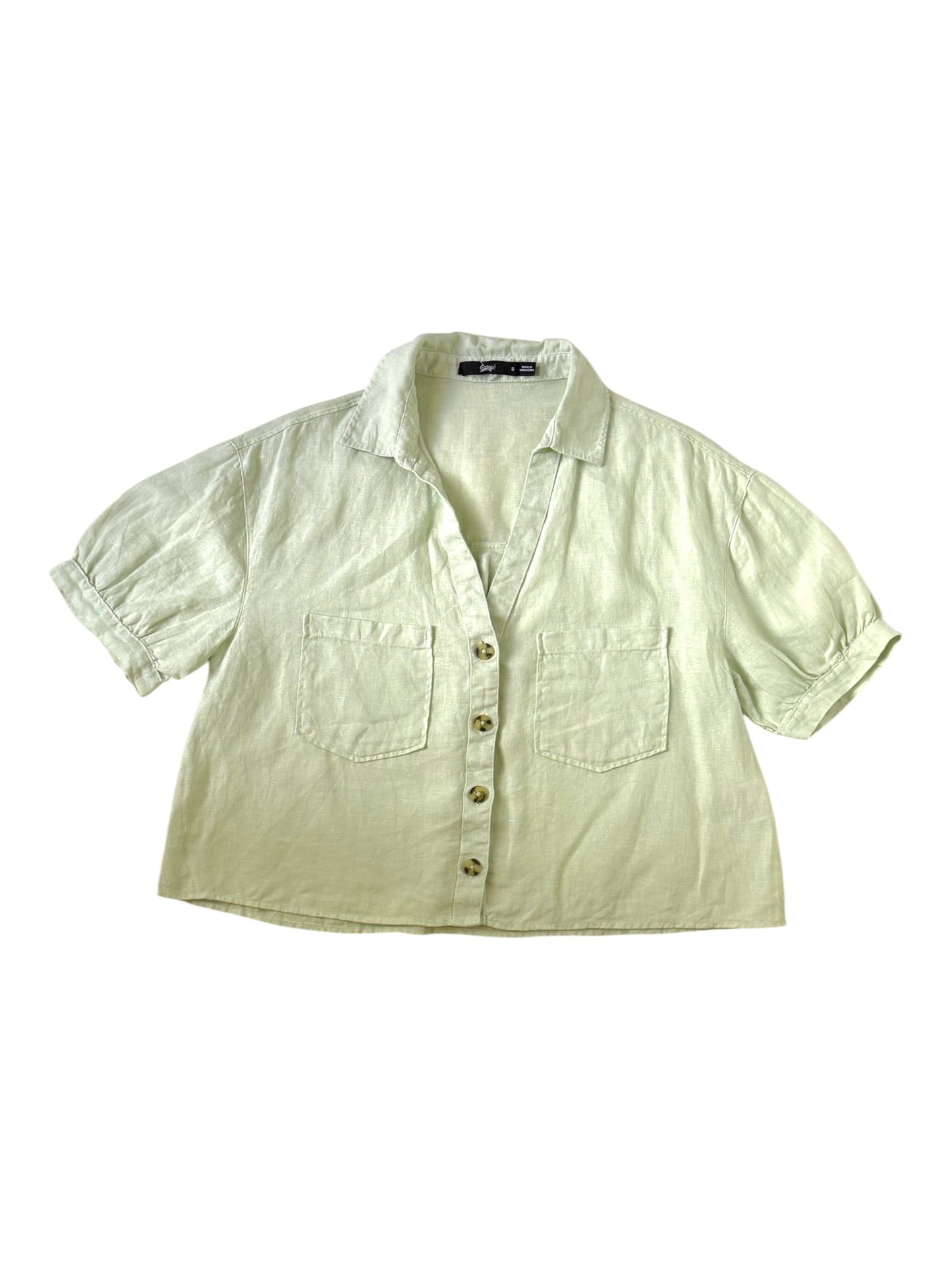Pastel Green Linen Short Sleeve Shirt – Relaxed Fit with Semi Puffed Sleeves