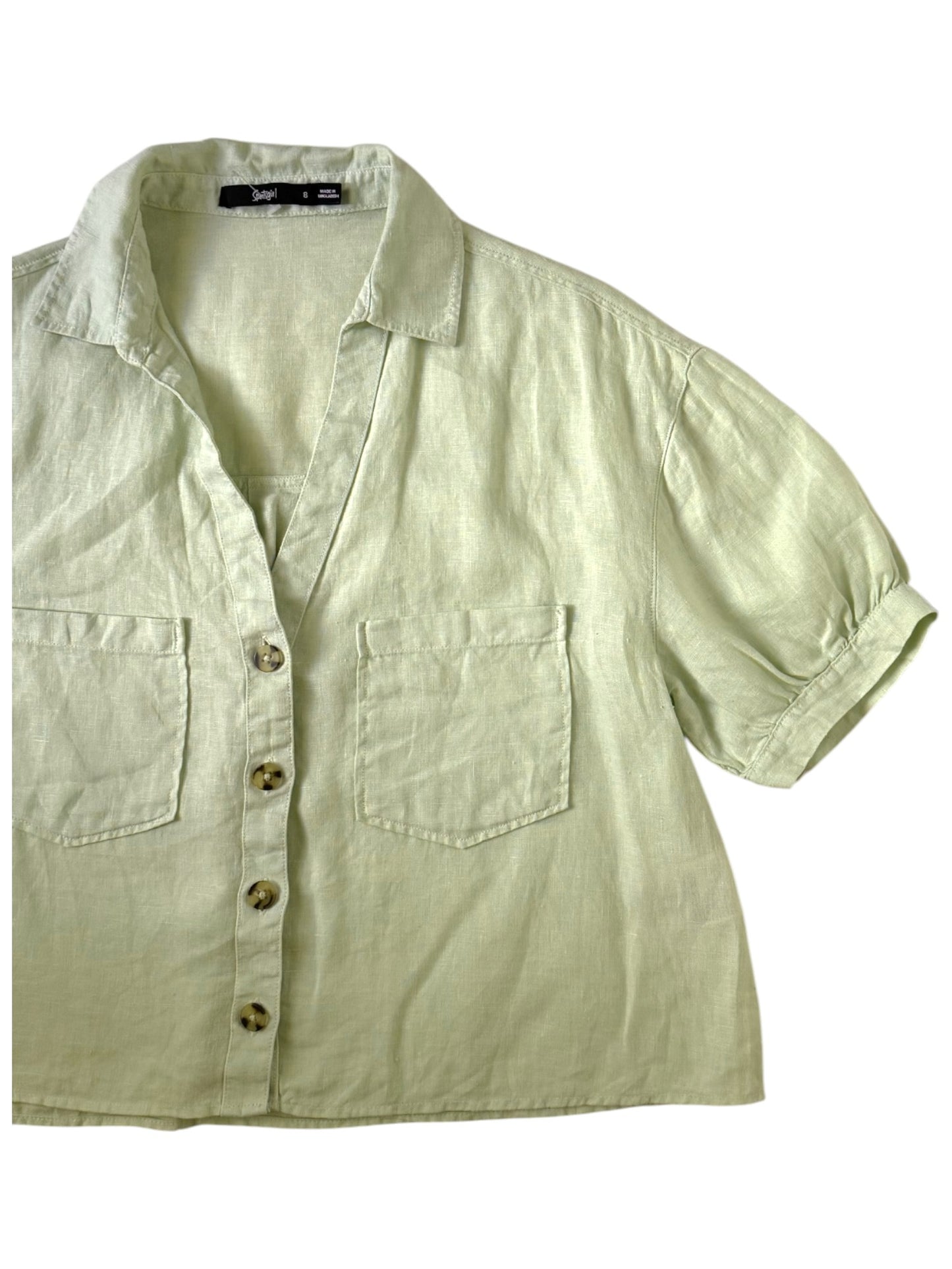 Pastel Green Linen Short Sleeve Shirt – Relaxed Fit with Semi Puffed Sleeves