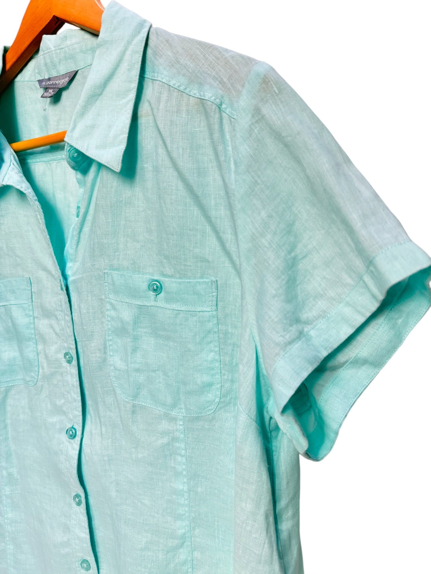 Suzanne Grae Light Blue Linen Short Sleeve Button Down Shirt – Relaxed Oversized Fit