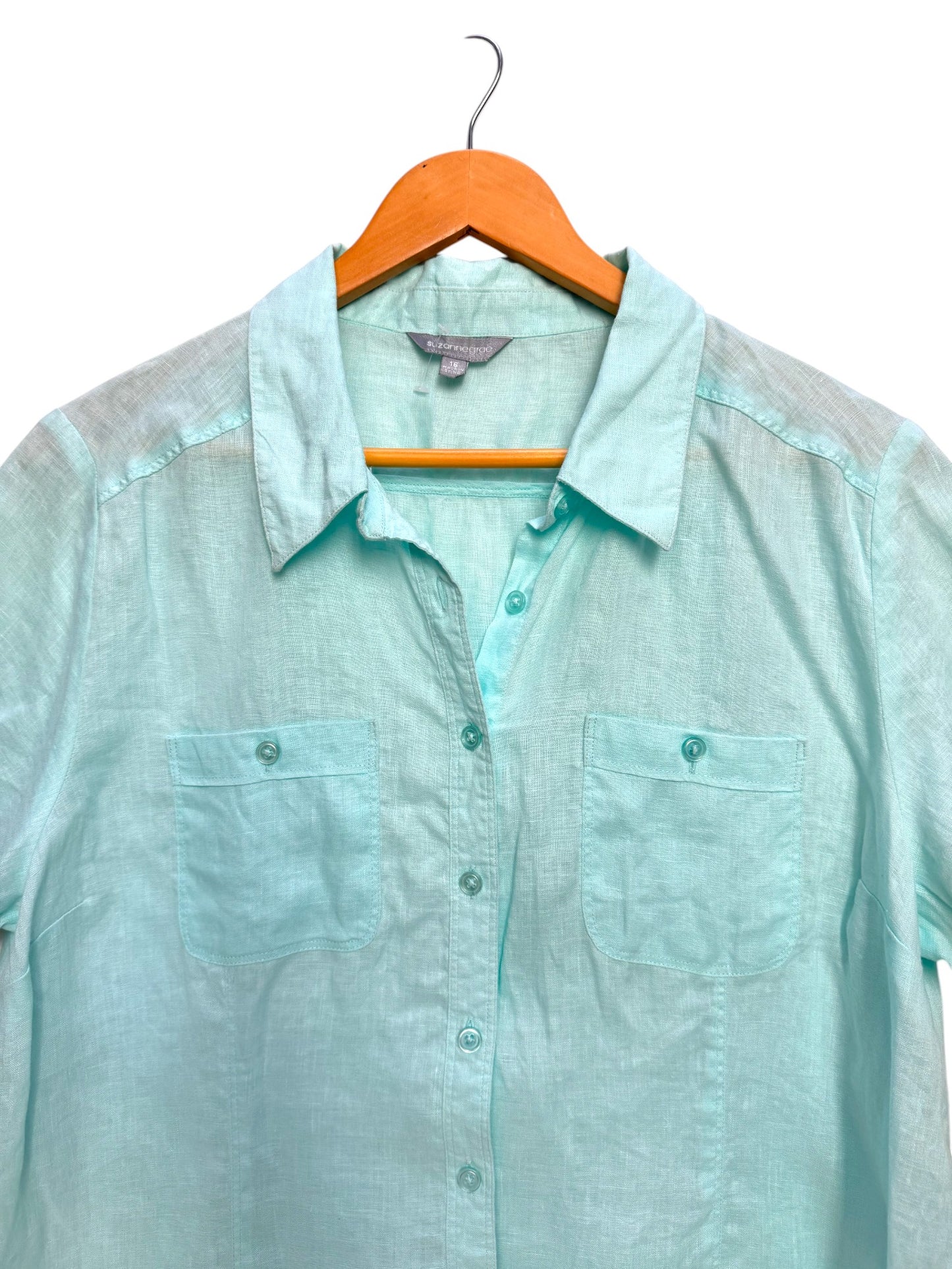 Suzanne Grae Light Blue Linen Short Sleeve Button Down Shirt – Relaxed Oversized Fit
