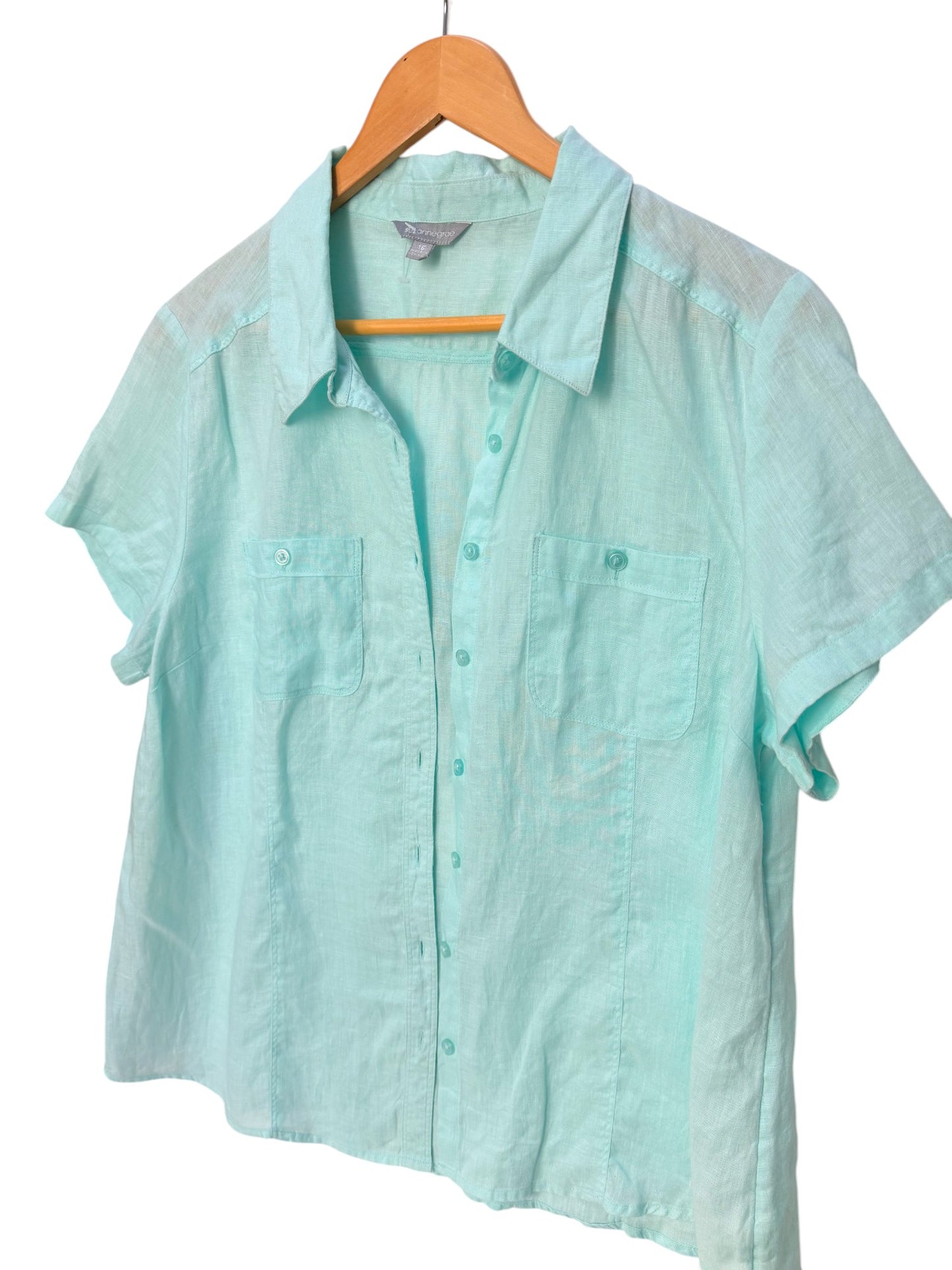 Suzanne Grae Light Blue Linen Short Sleeve Button Down Shirt – Relaxed Oversized Fit