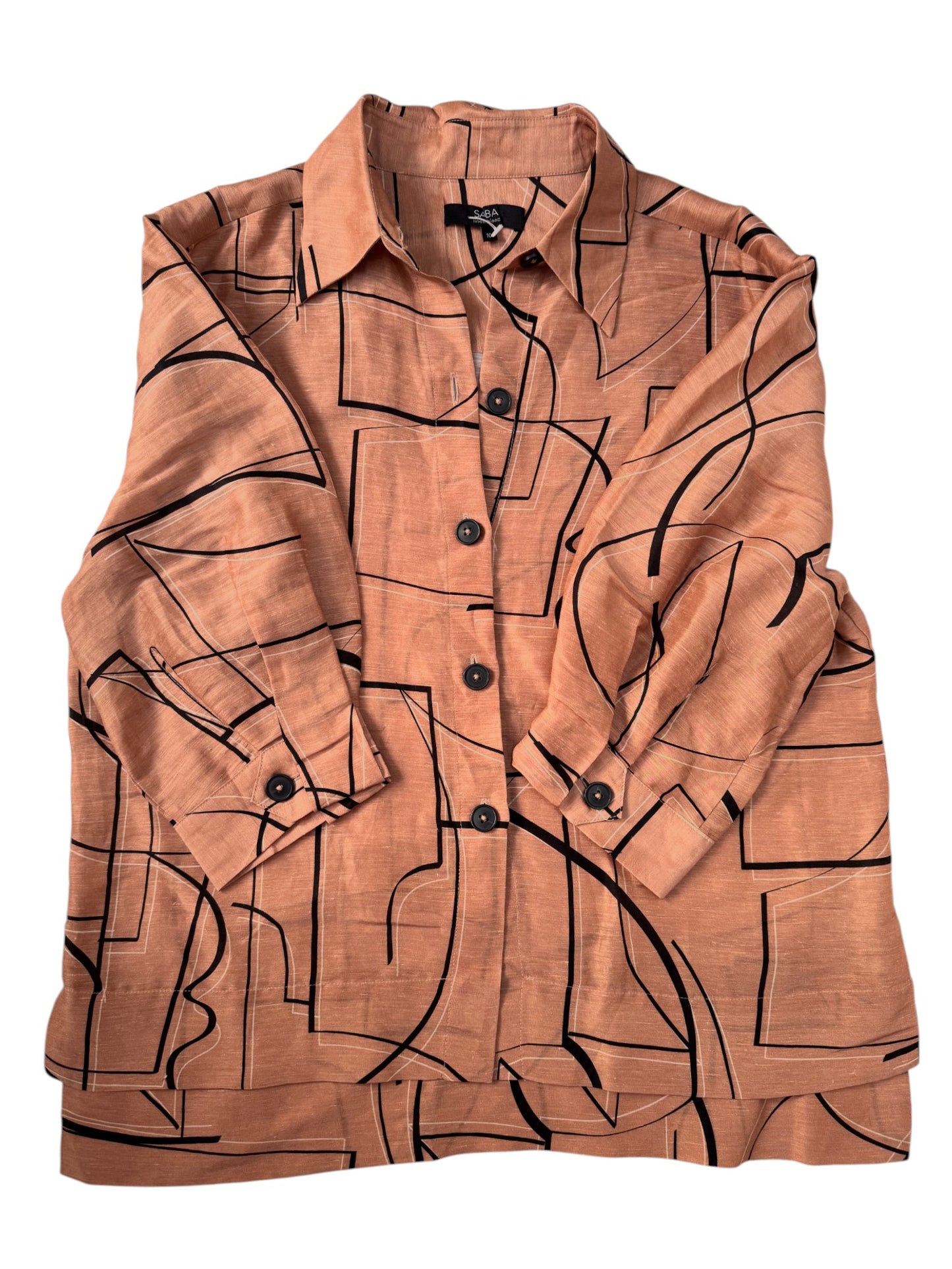 SABA Brown Printed Linen-Silk Short Sleeve Button Down Shirt