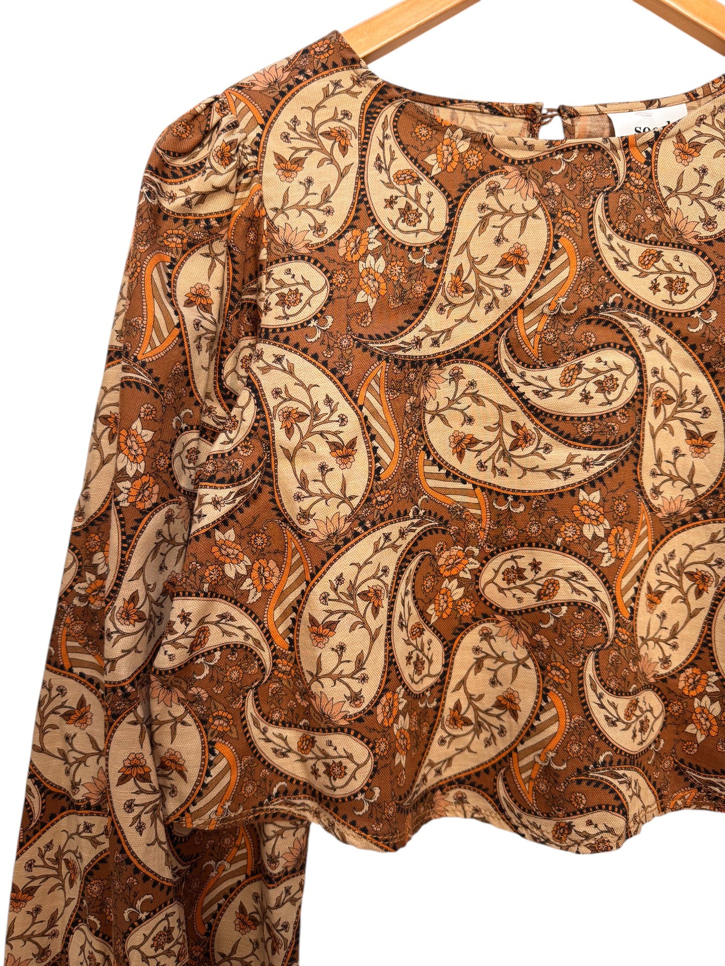 Seed Heritage Brown Paisley Print Linen-Lyocell Bishop Sleeve Top