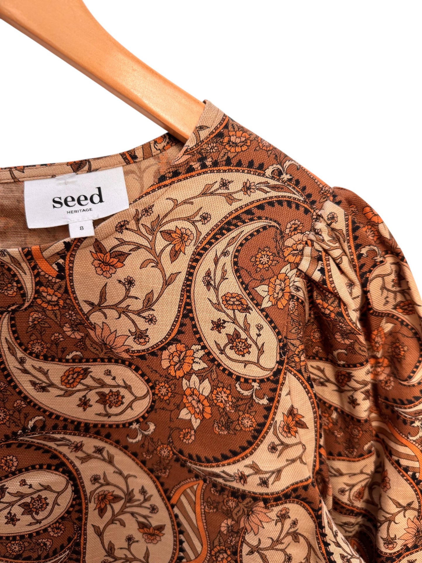 Seed Heritage Brown Paisley Print Linen-Lyocell Bishop Sleeve Top
