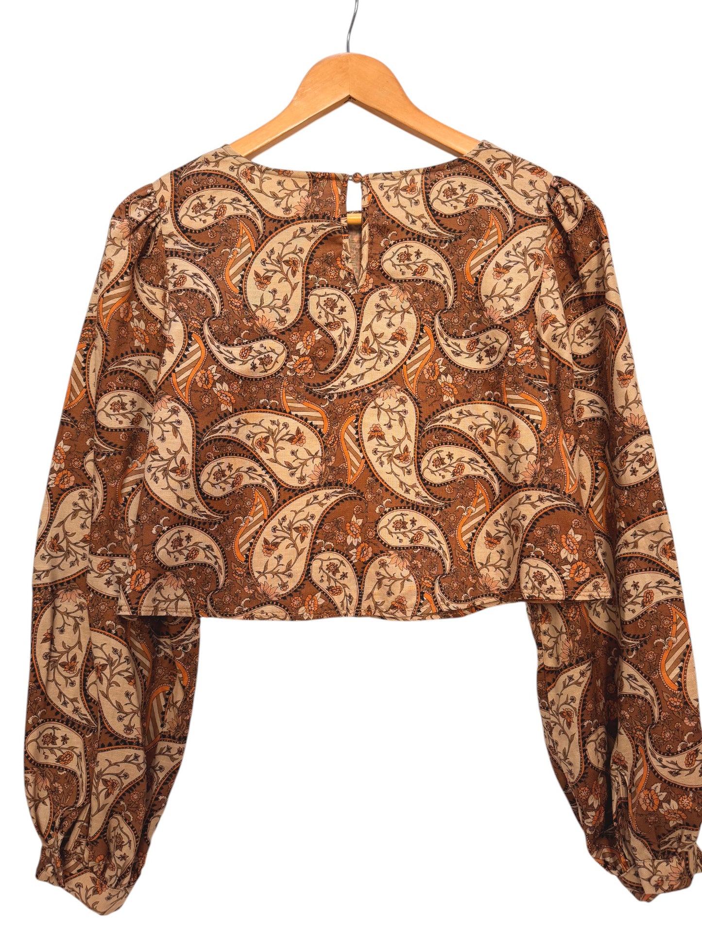 Seed Heritage Brown Paisley Print Linen-Lyocell Bishop Sleeve Top