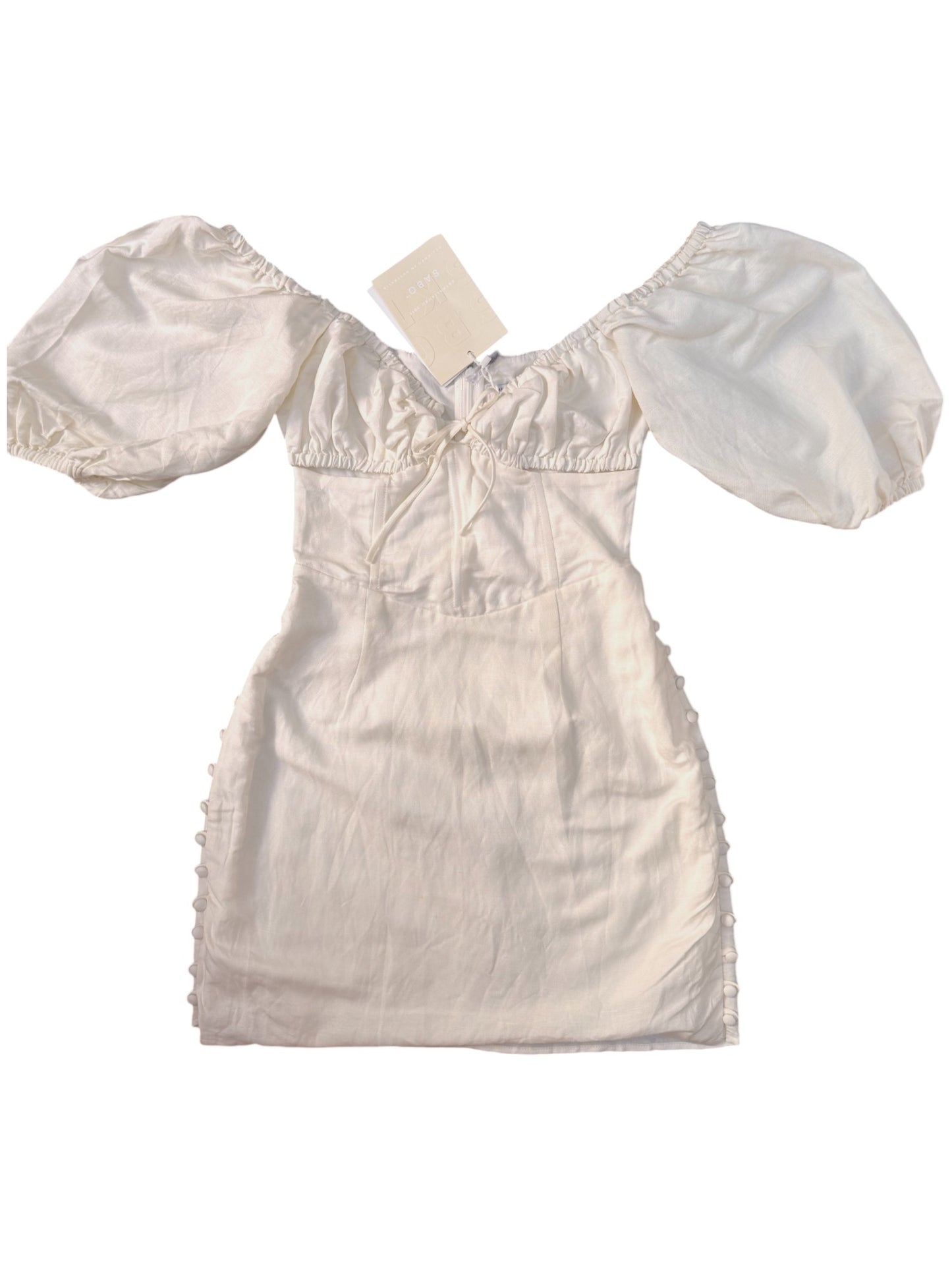 SABO White Linen Blend Mini Dress – Sweetheart Neckline & Cut-Out Detail