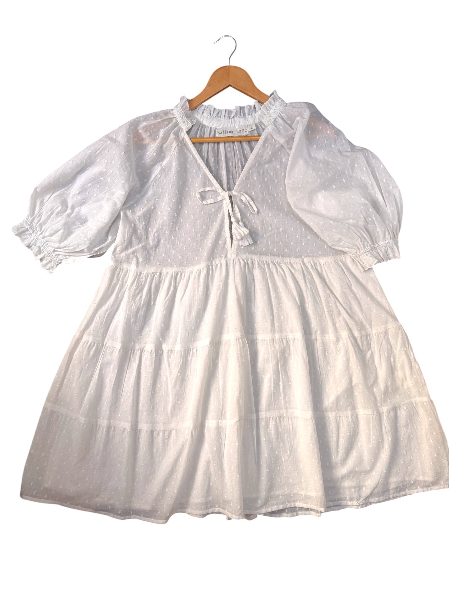 Saffron Lane White Cotton Summer Dress – Puffed Sleeves & Knee Length
