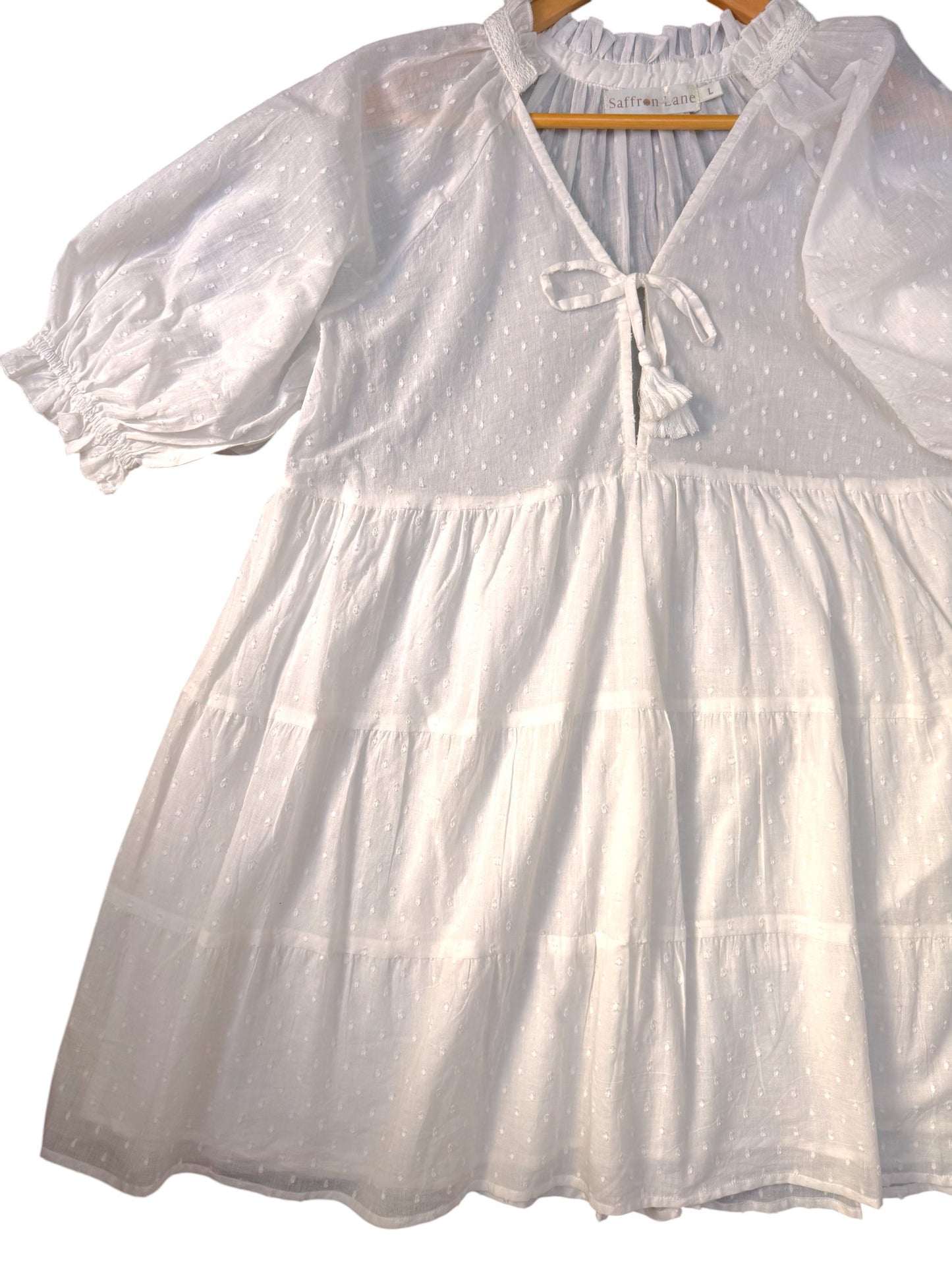 Saffron Lane White Cotton Summer Dress – Puffed Sleeves & Knee Length
