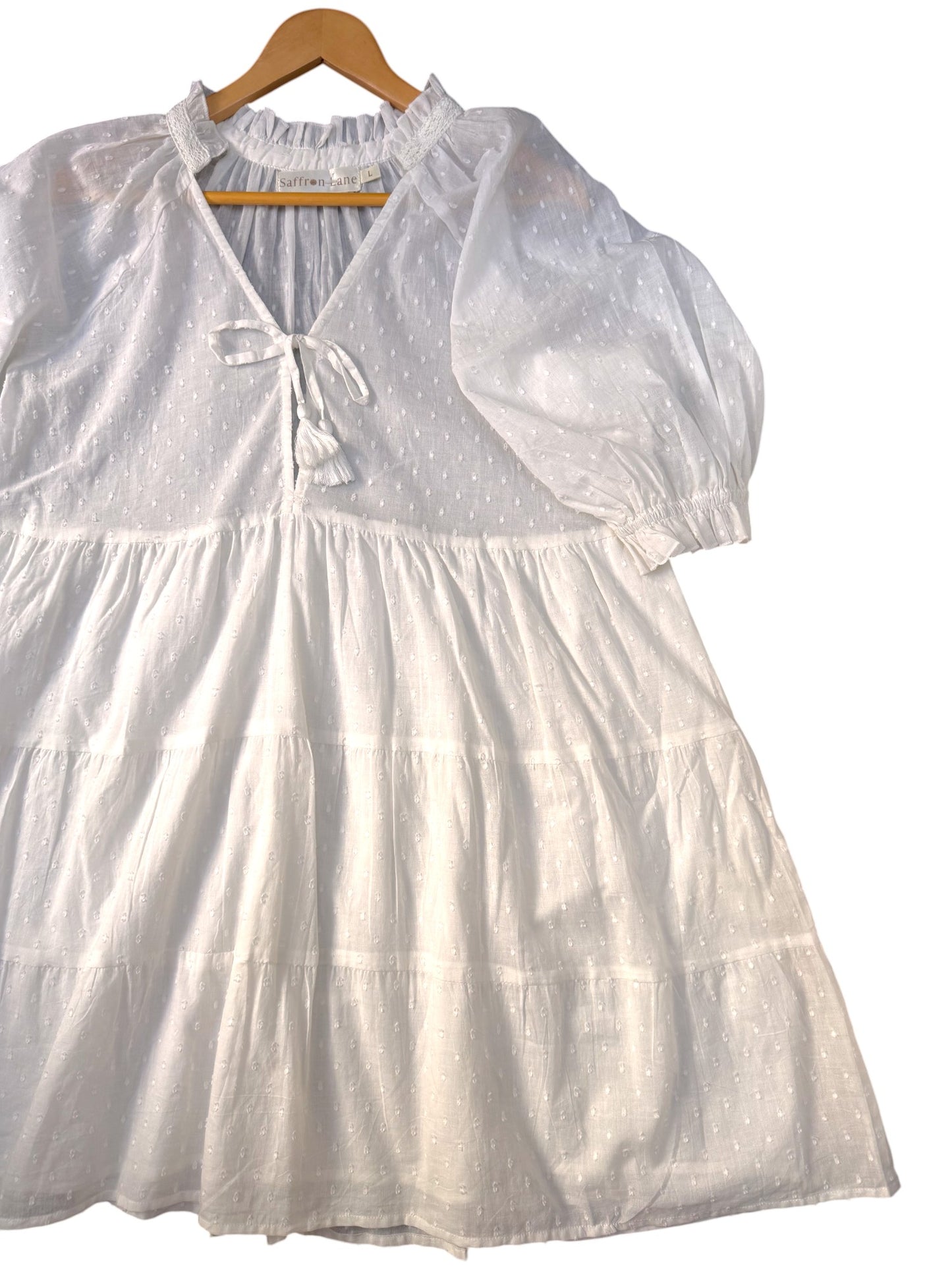 Saffron Lane White Cotton Summer Dress – Puffed Sleeves & Knee Length