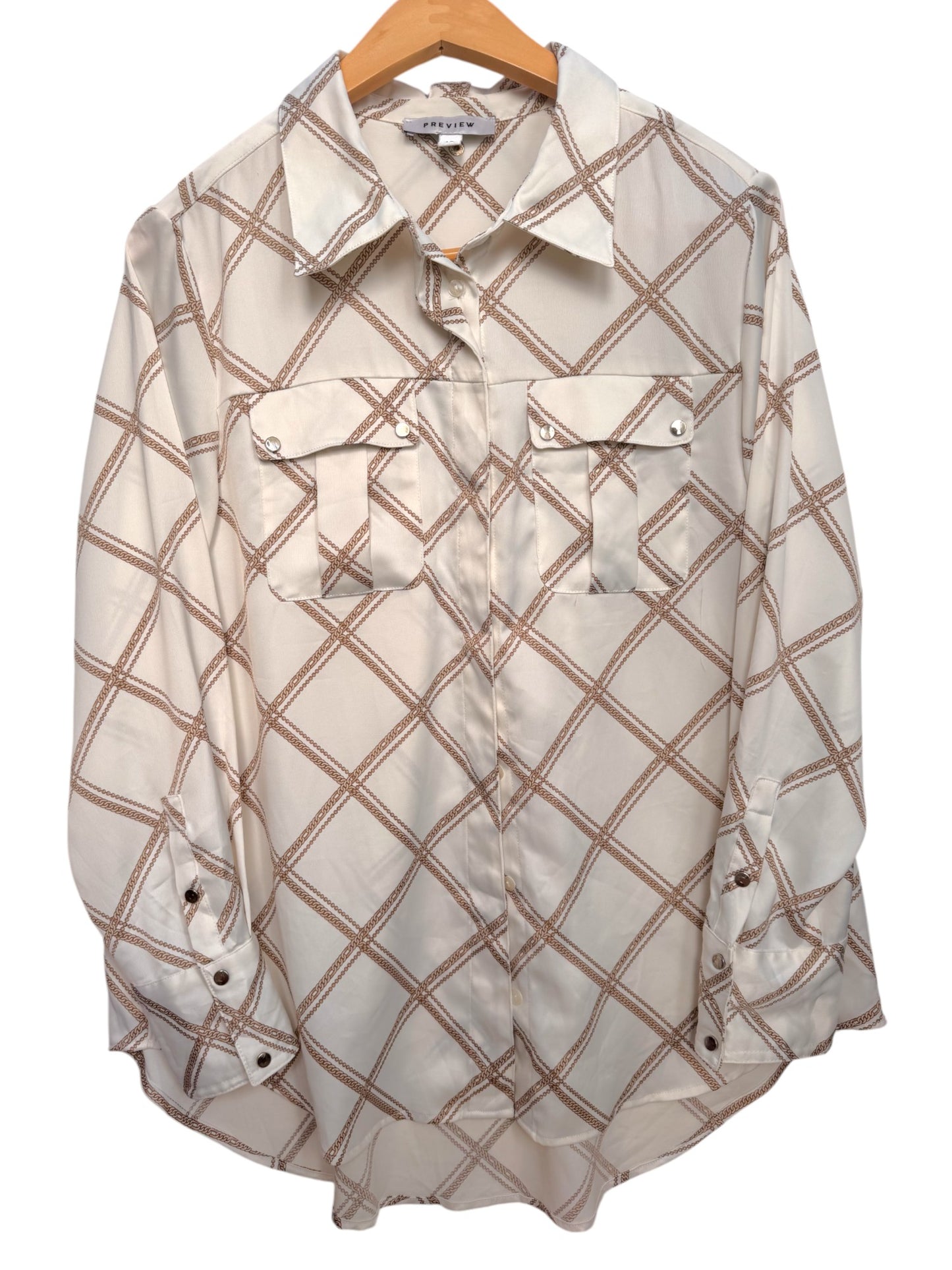 White Office Top with Beige Chain Print – Vintage Inspired Elegant Long Sleeves