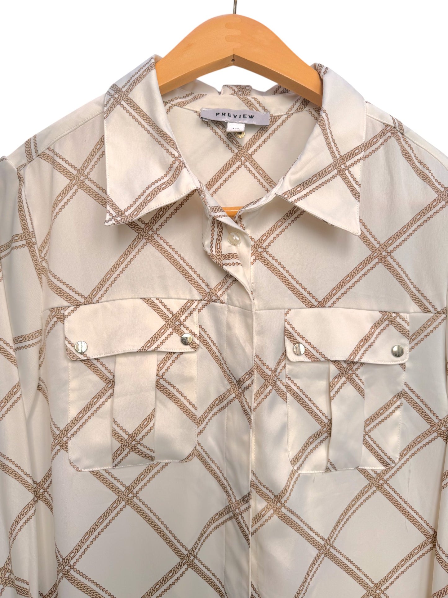 White Office Top with Beige Chain Print – Vintage Inspired Elegant Long Sleeves