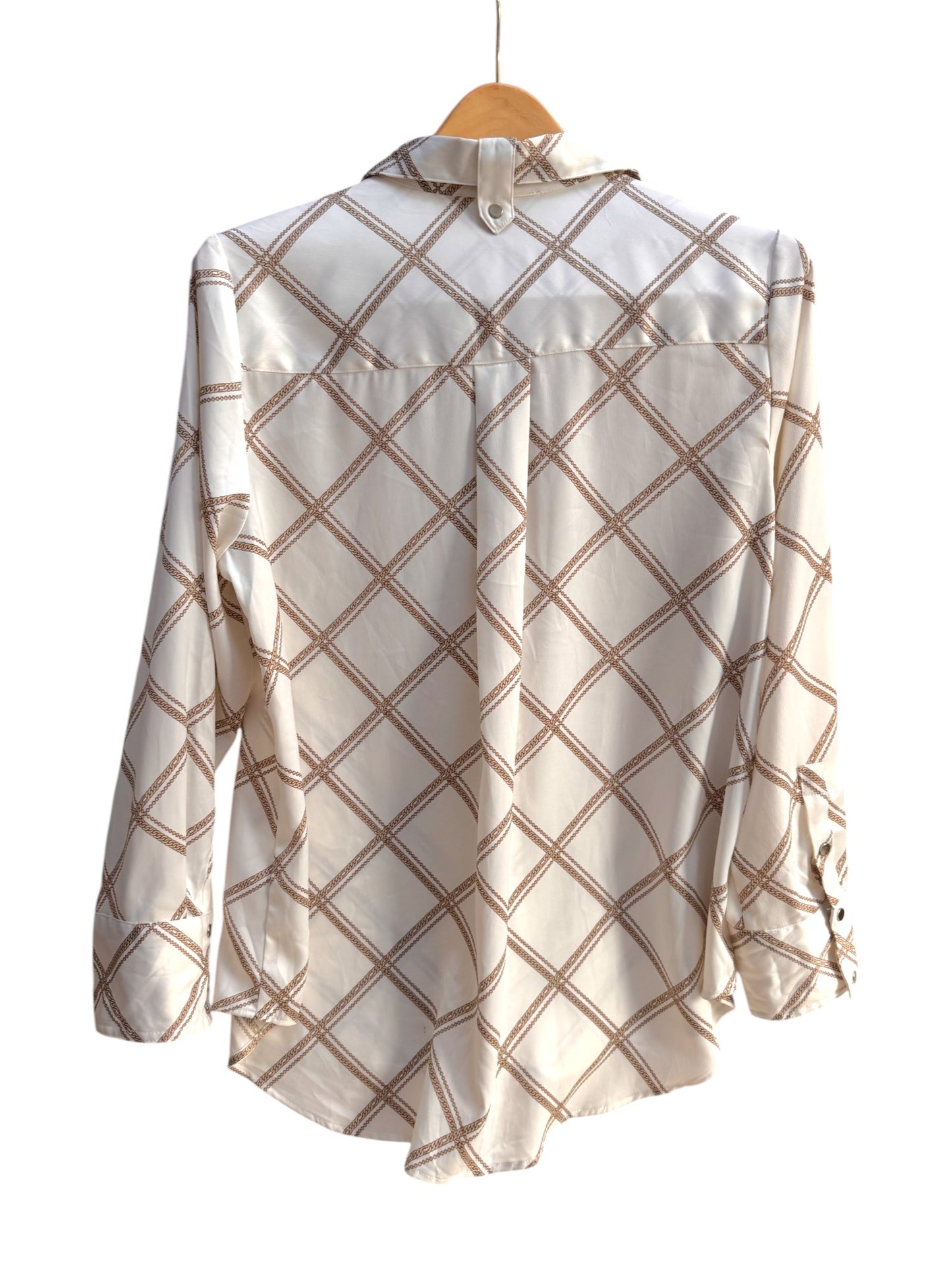 White Office Top with Beige Chain Print – Vintage Inspired Elegant Long Sleeves