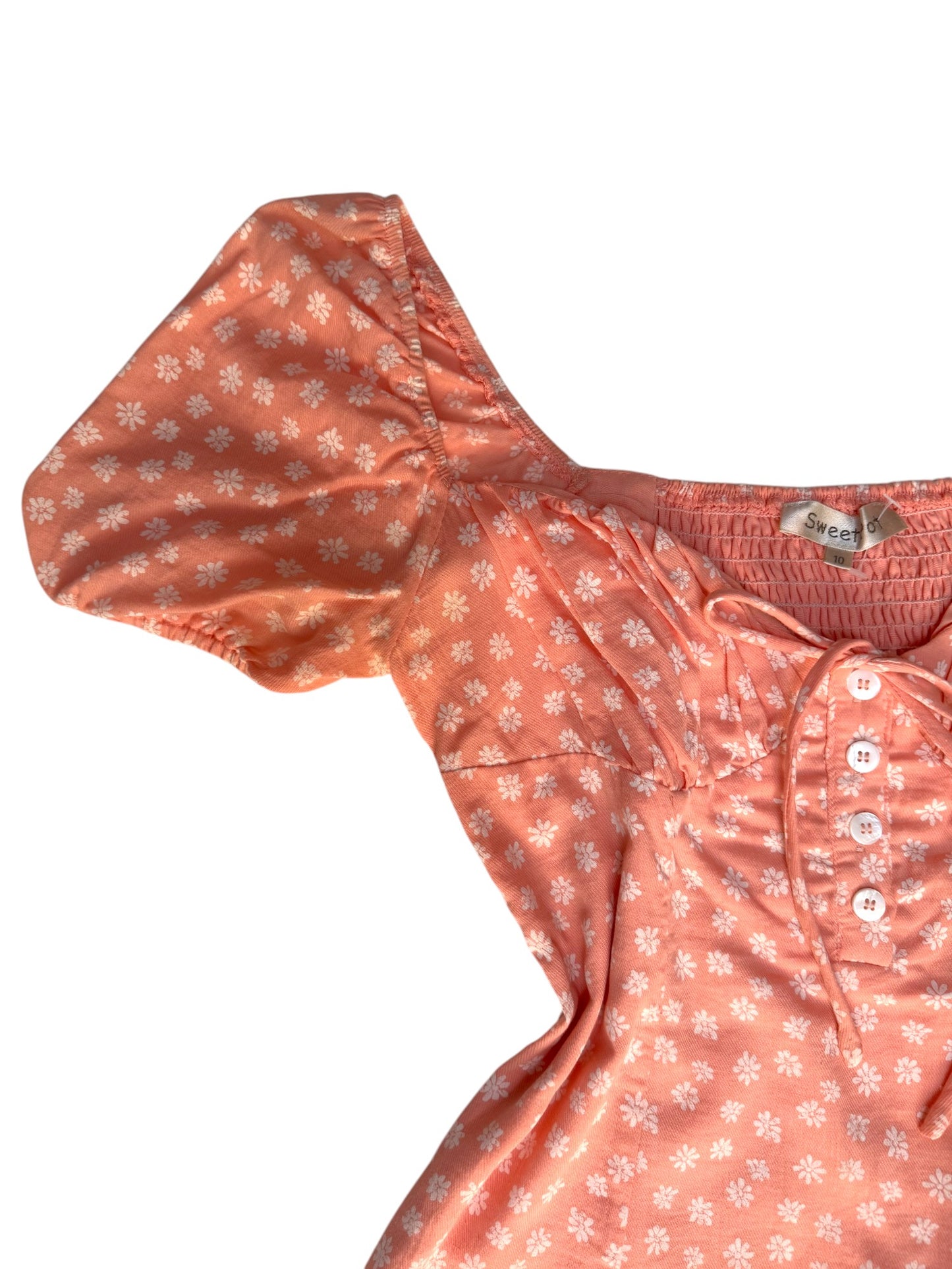 Pink Cotton Floral Minidress – Sweetheart Neckline & Puffed Sleeves