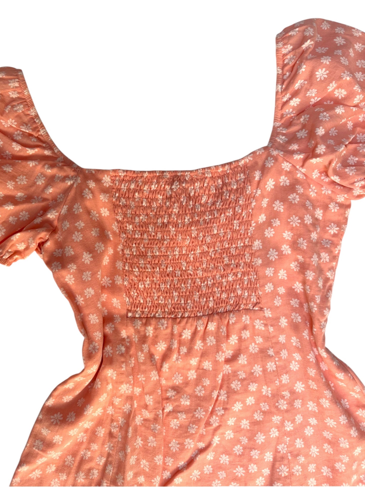 Pink Cotton Floral Minidress – Sweetheart Neckline & Puffed Sleeves