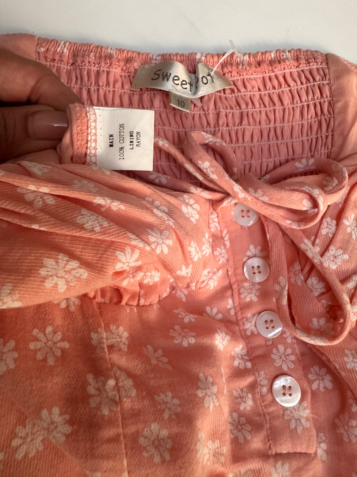 Pink Cotton Floral Minidress – Sweetheart Neckline & Puffed Sleeves
