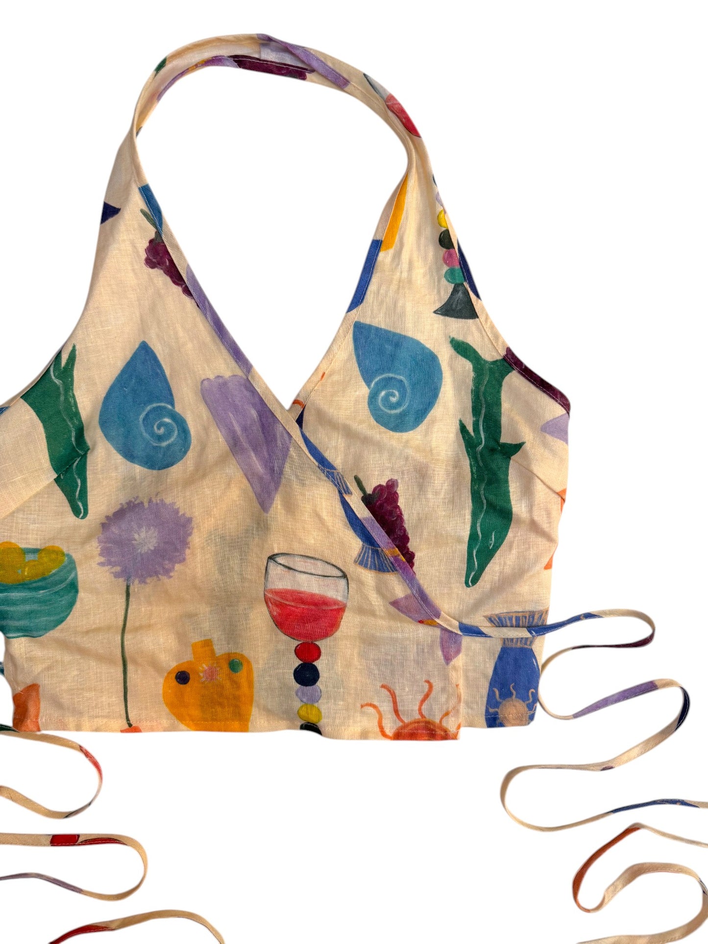 Linen Coastal Print Halter Wrap Top