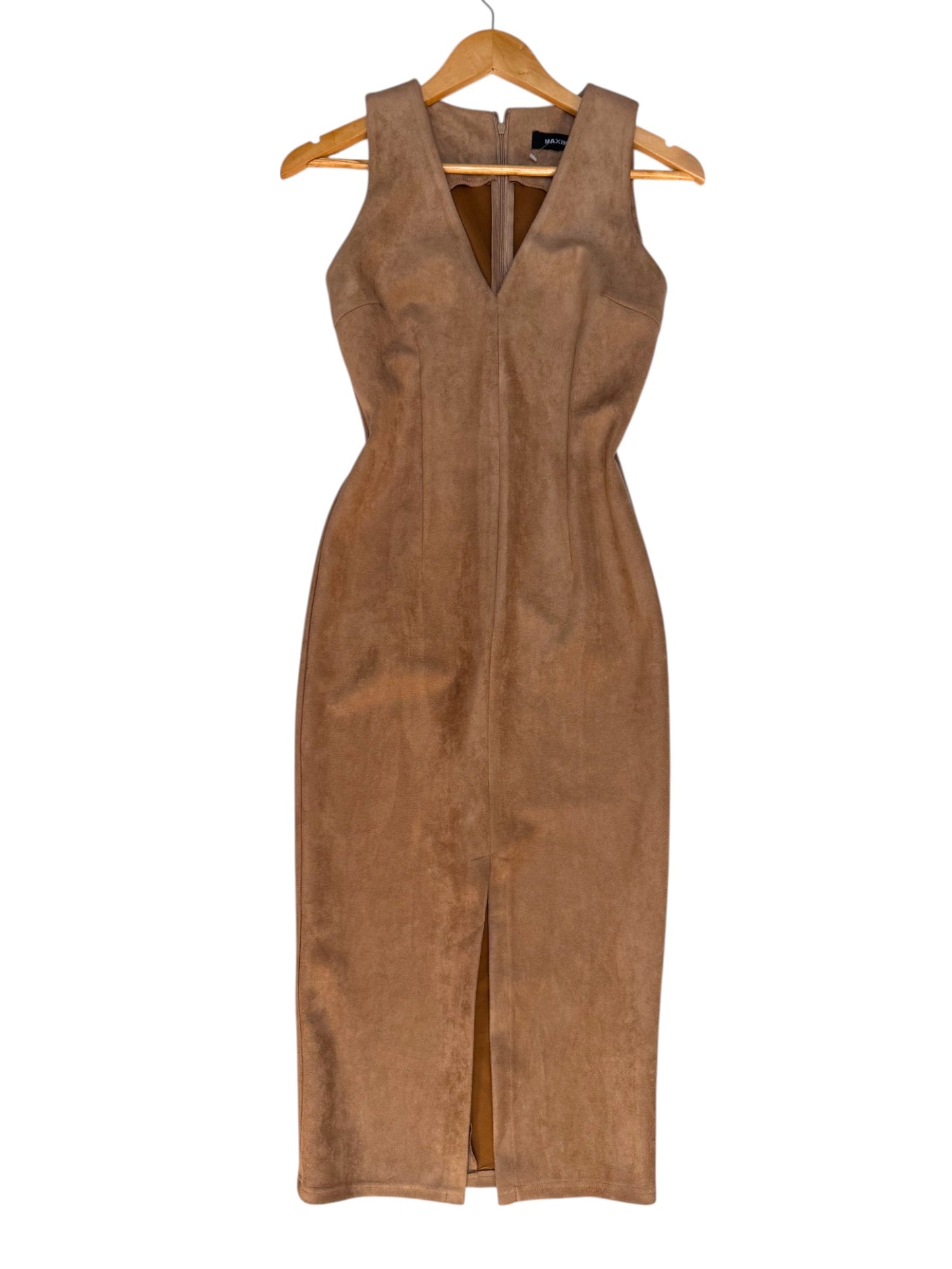 Camel Brown Suede Sleeveless Midi Dress with Front Slit