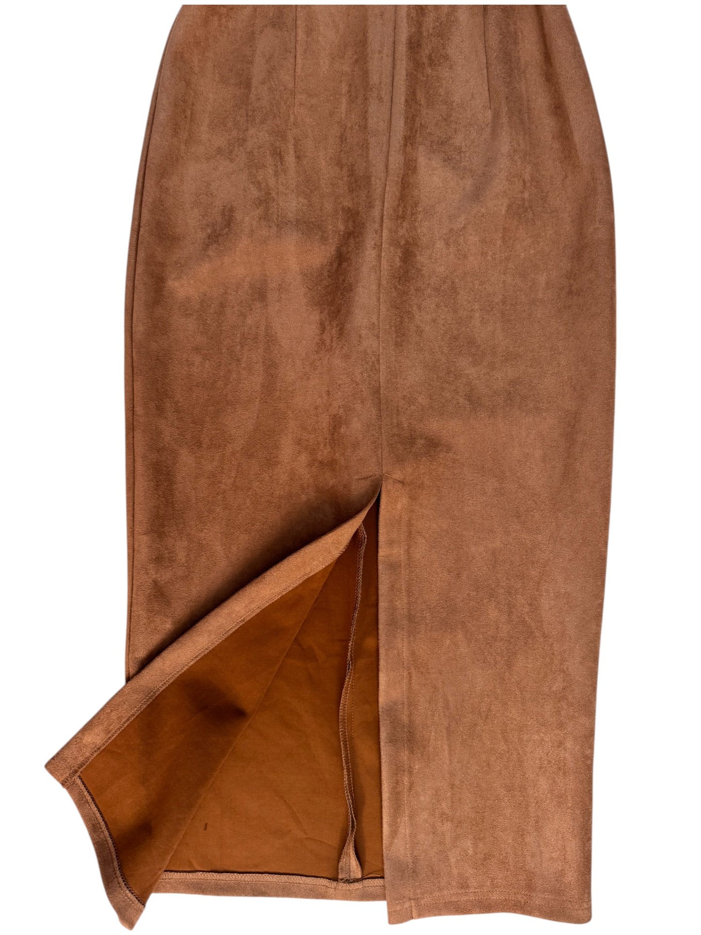 Camel Brown Suede Sleeveless Midi Dress with Front Slit