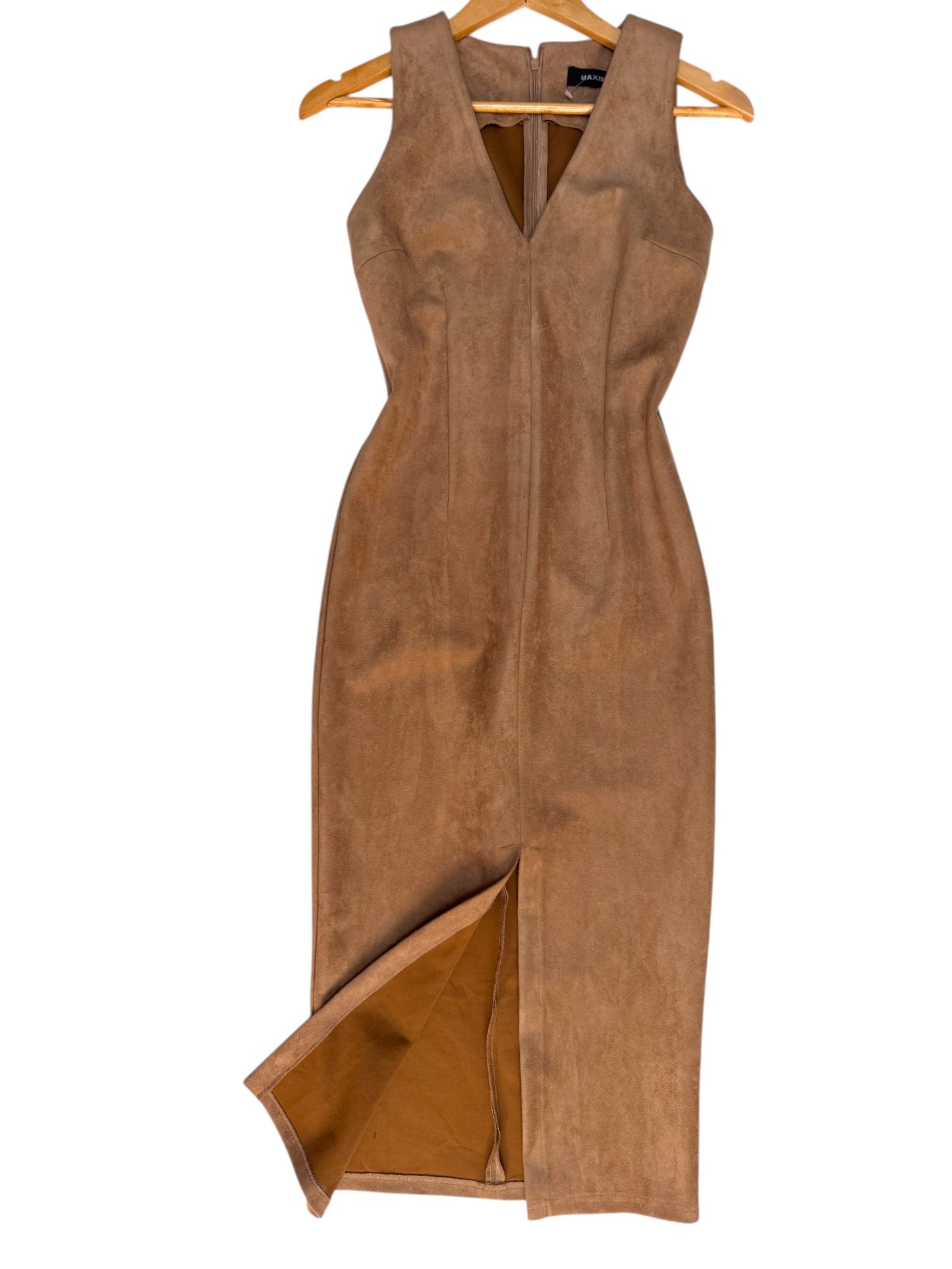 Camel Brown Suede Sleeveless Midi Dress with Front Slit
