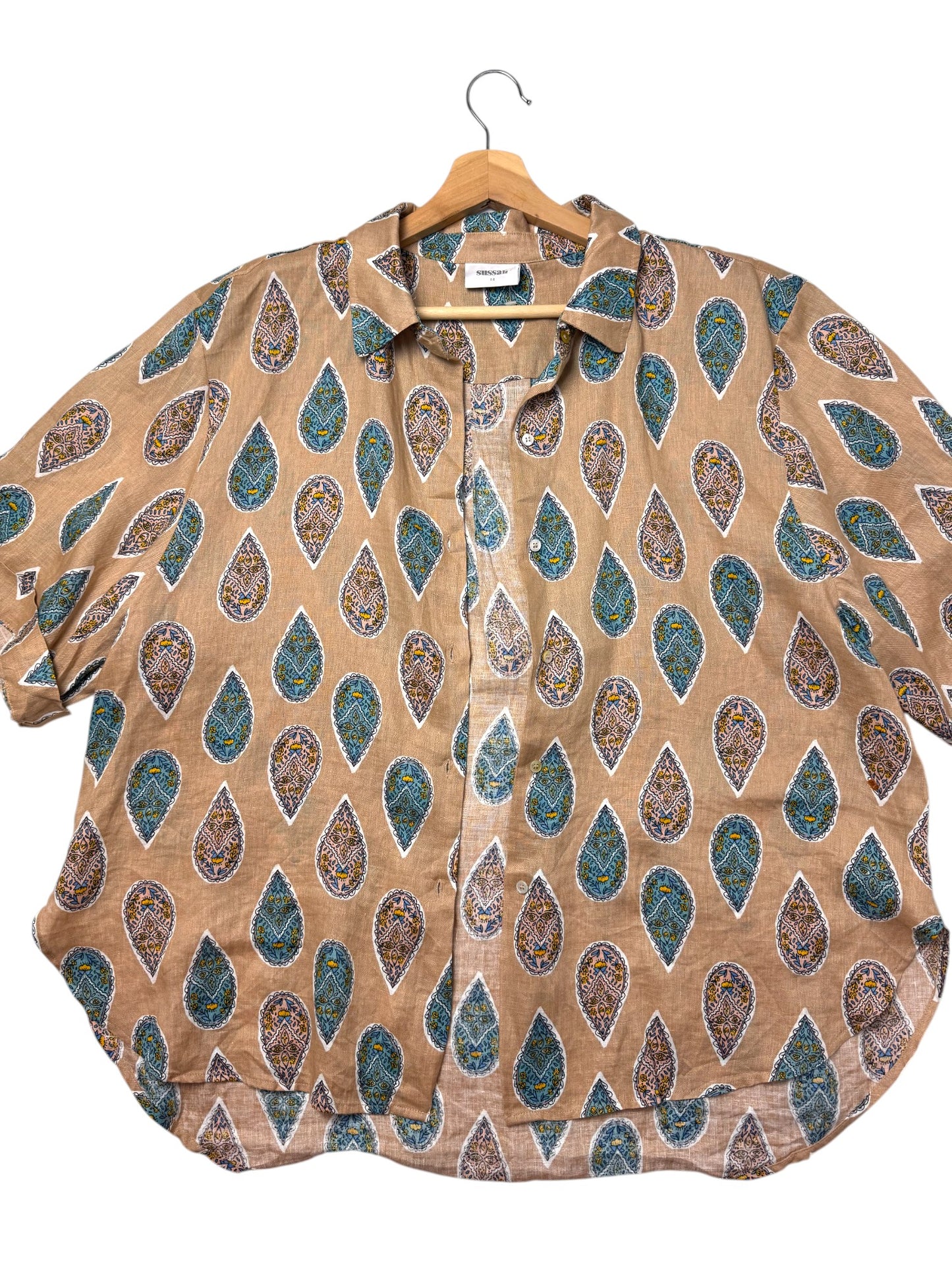 Sussan Brown Paisley Print Linen Short Sleeve Button Down Shirt