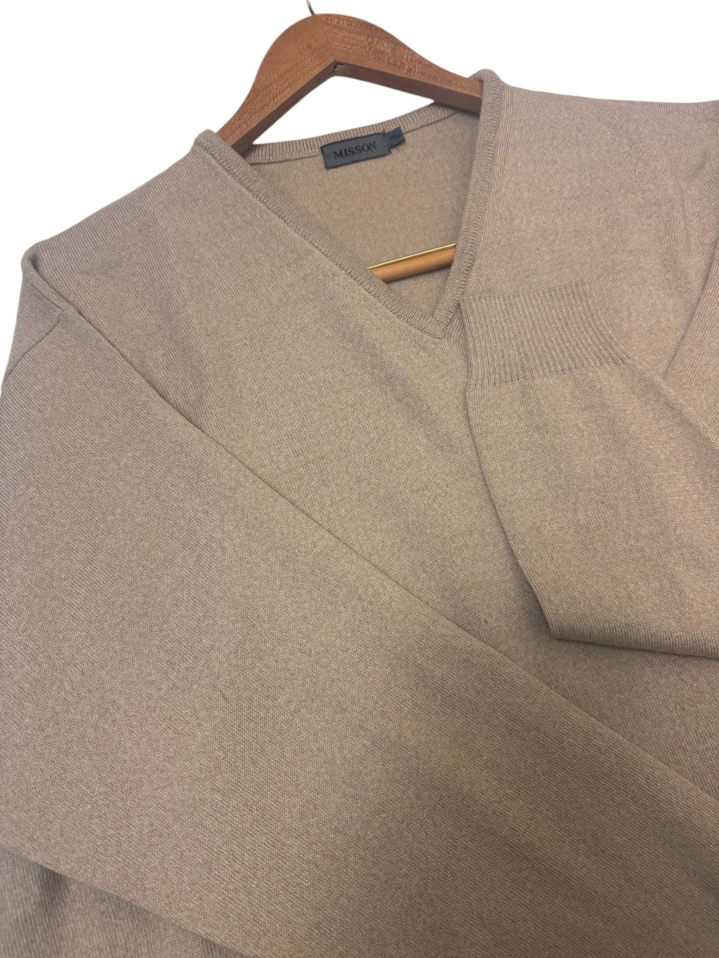 Beige Merino Wool Blend V-Neck Sweater