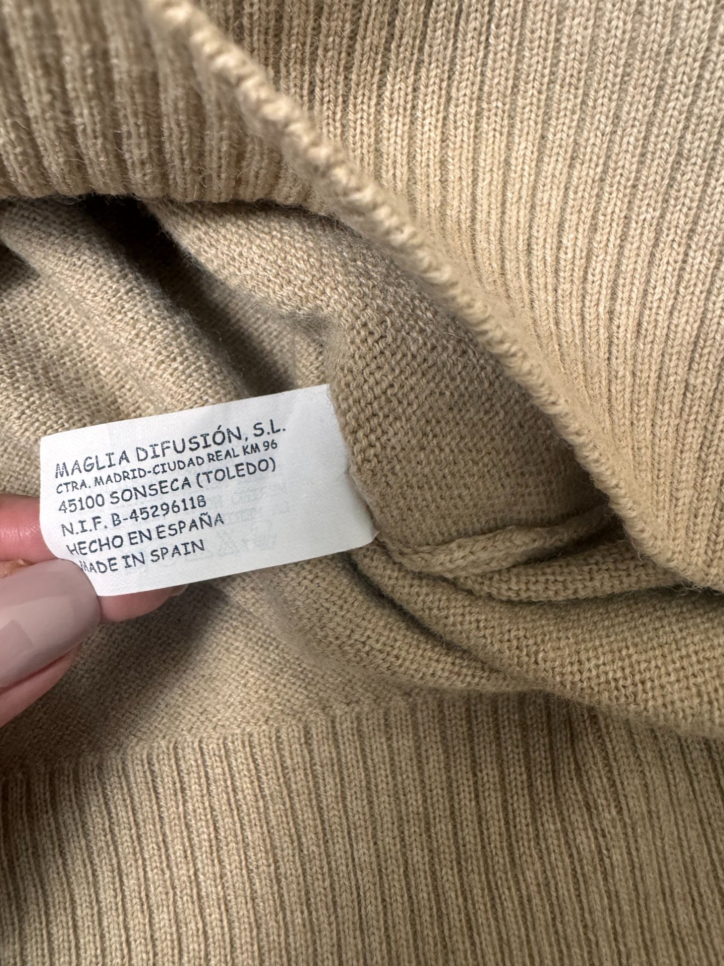 Beige Merino Wool Blend V-Neck Sweater