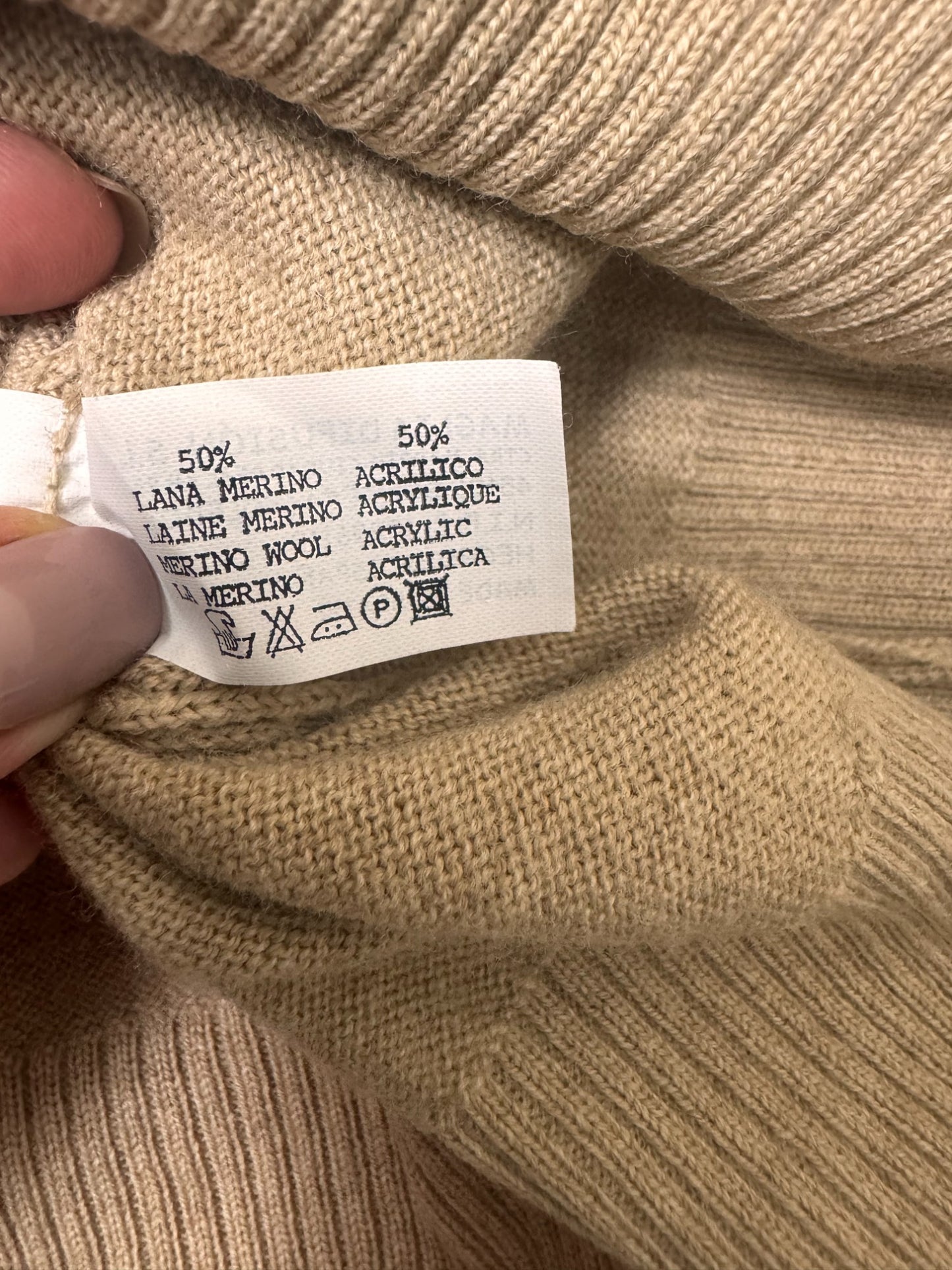 Beige Merino Wool Blend V-Neck Sweater