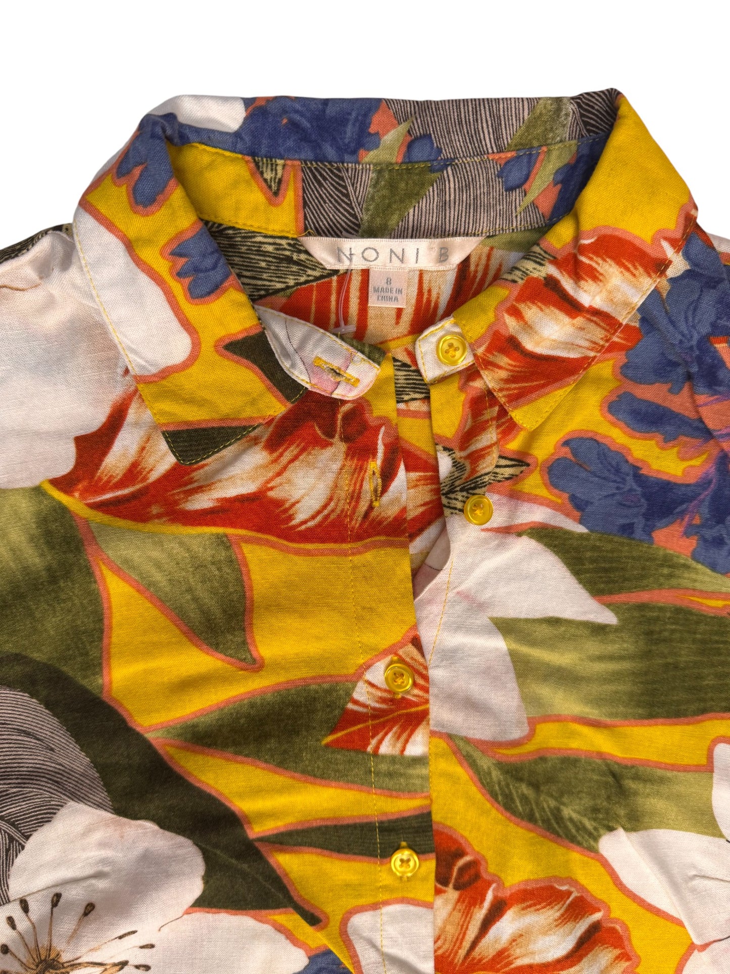 Noni B Yellow Floral Linen Blend Button-Down Shirt – Short Sleeve Summer Top