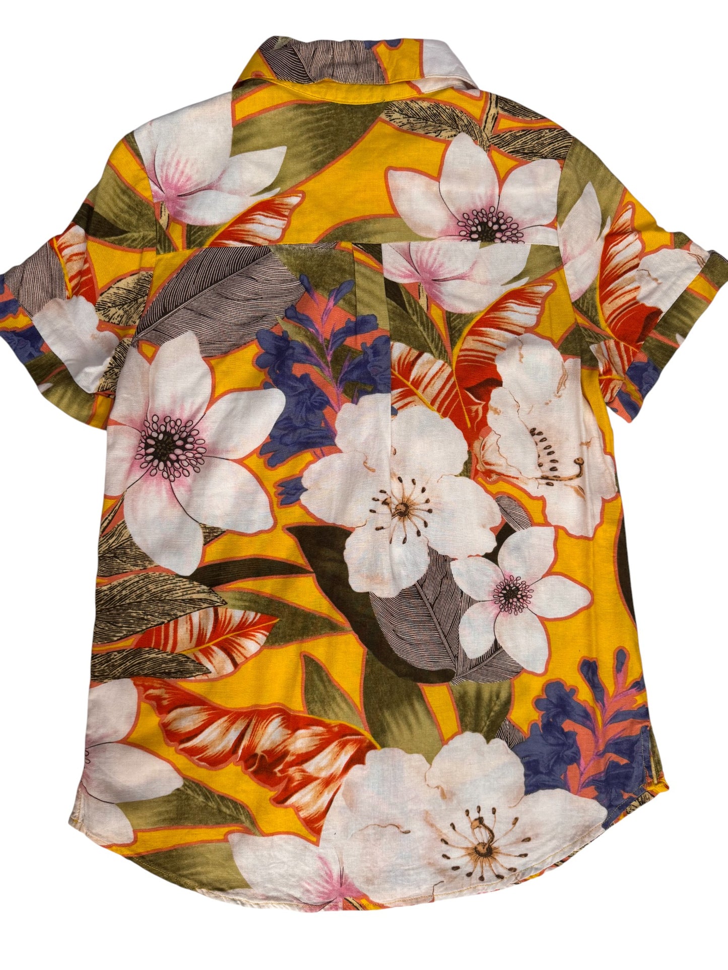 Noni B Yellow Floral Linen Blend Button-Down Shirt – Short Sleeve Summer Top