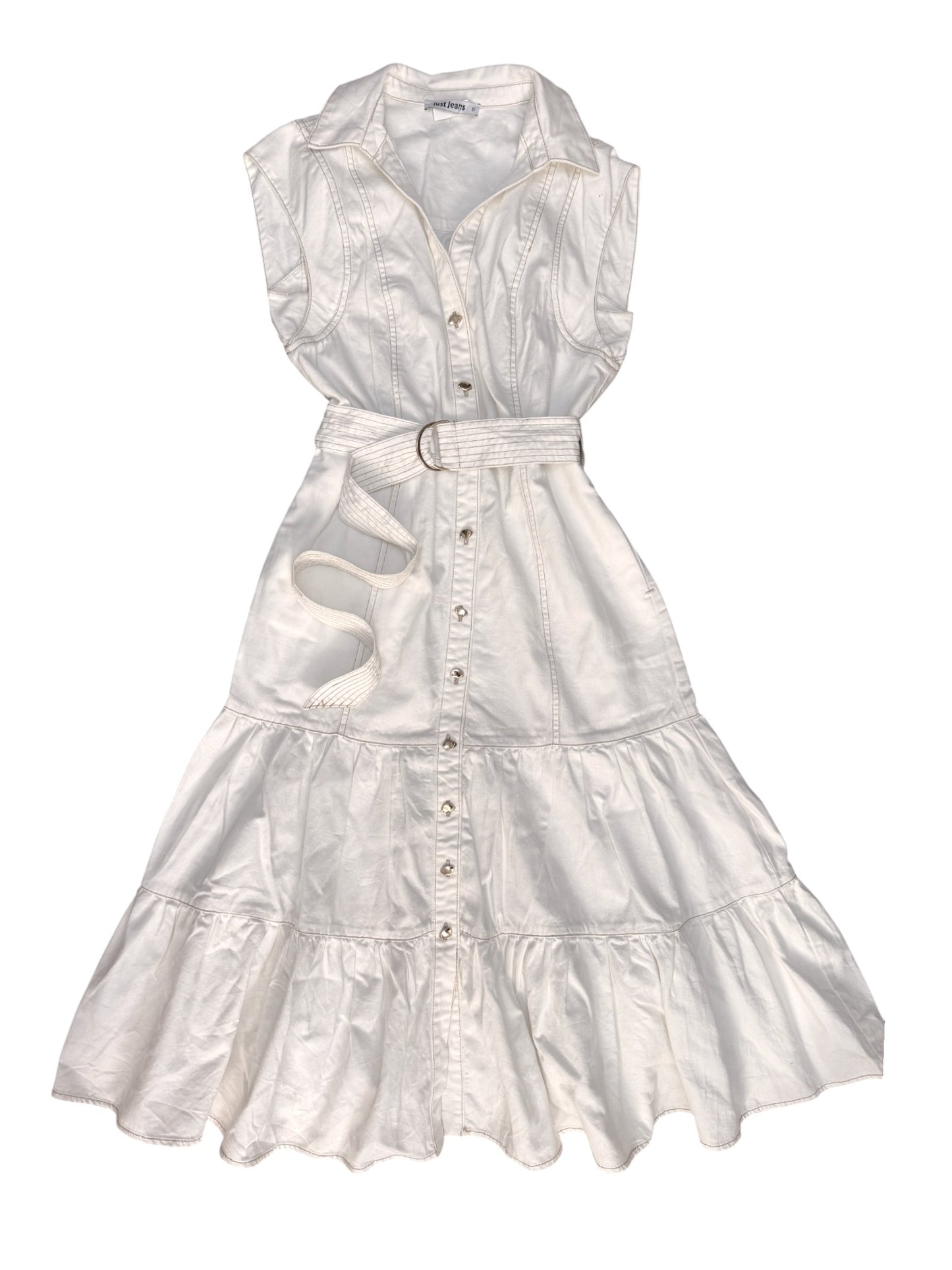 Light Denim Cotton Tiered Midi Dress with Belt | Sleeveless Collared Summer Dress