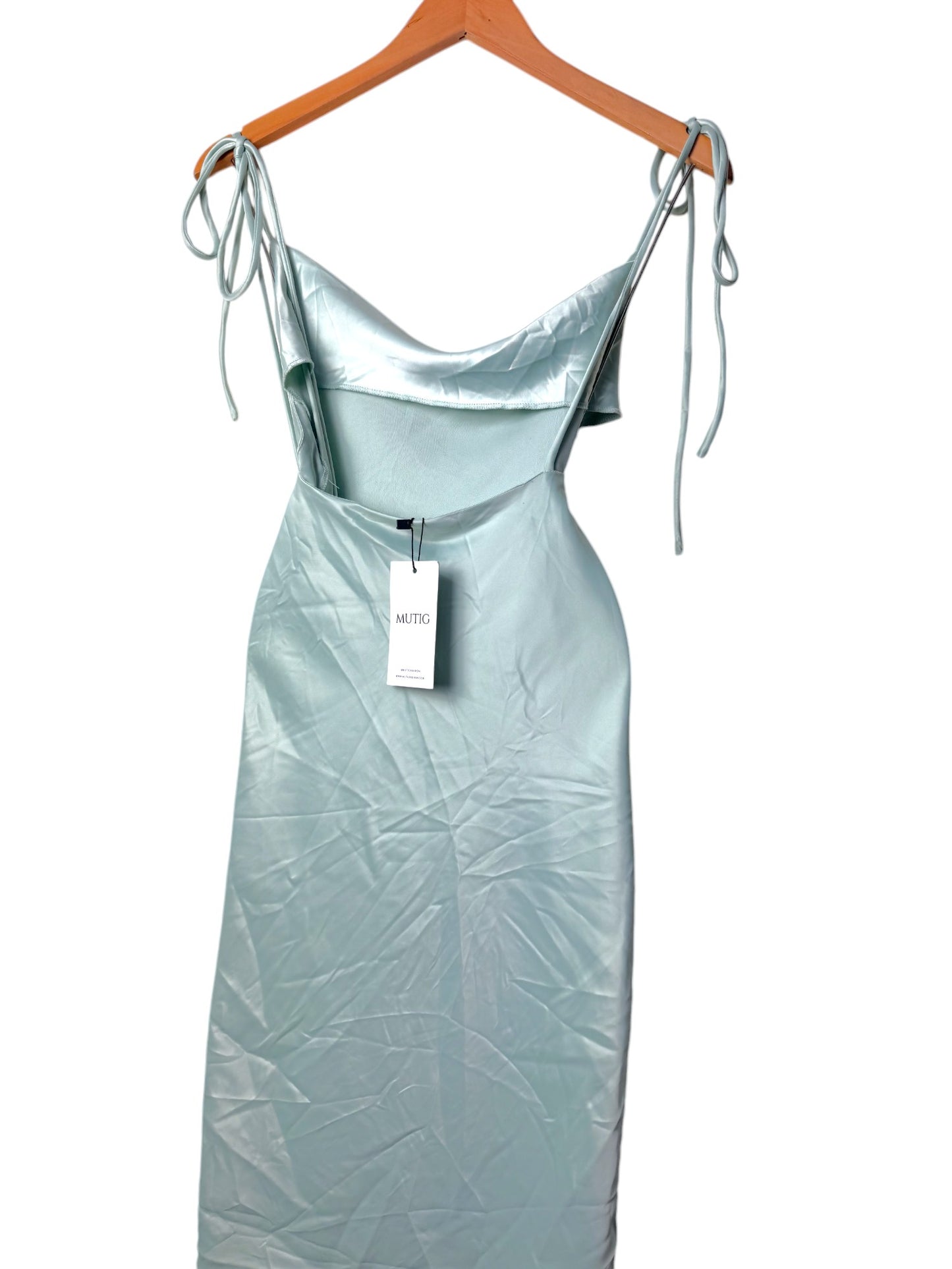 Mutig Light Mint Green Satin Cowl Neck Midi Dress – Elegant & Chic