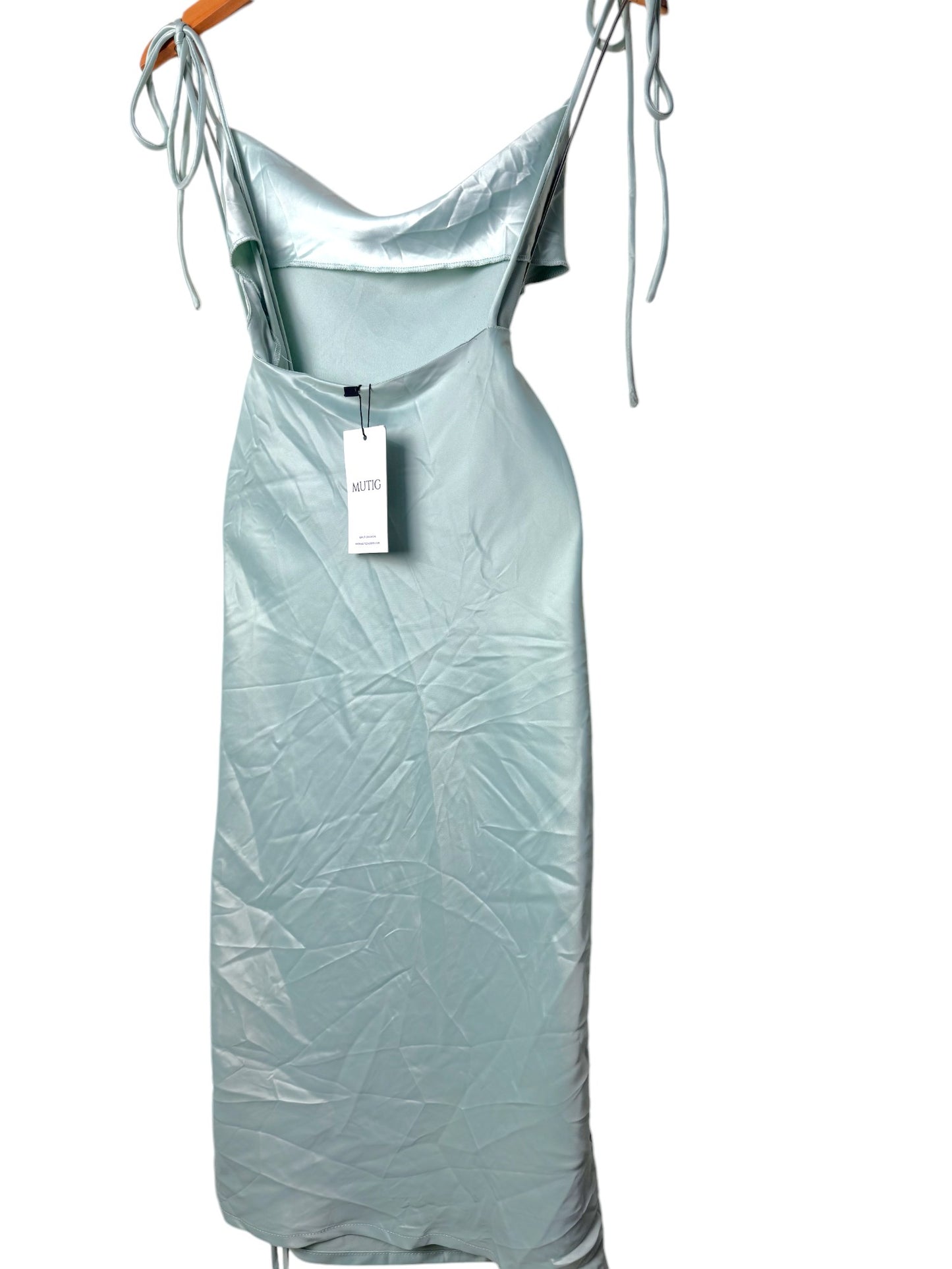 Mutig Light Mint Green Satin Cowl Neck Midi Dress – Elegant & Chic