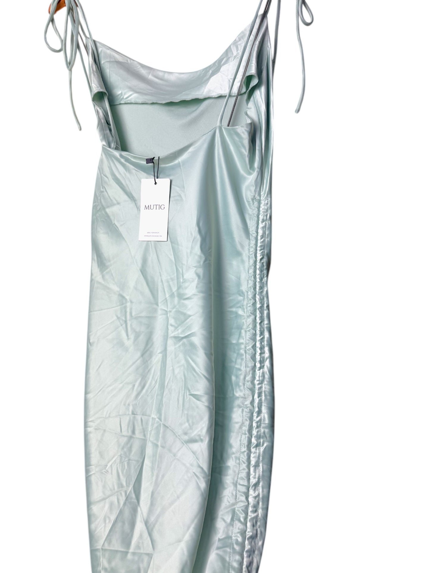 Mutig Light Mint Green Satin Cowl Neck Midi Dress – Elegant & Chic