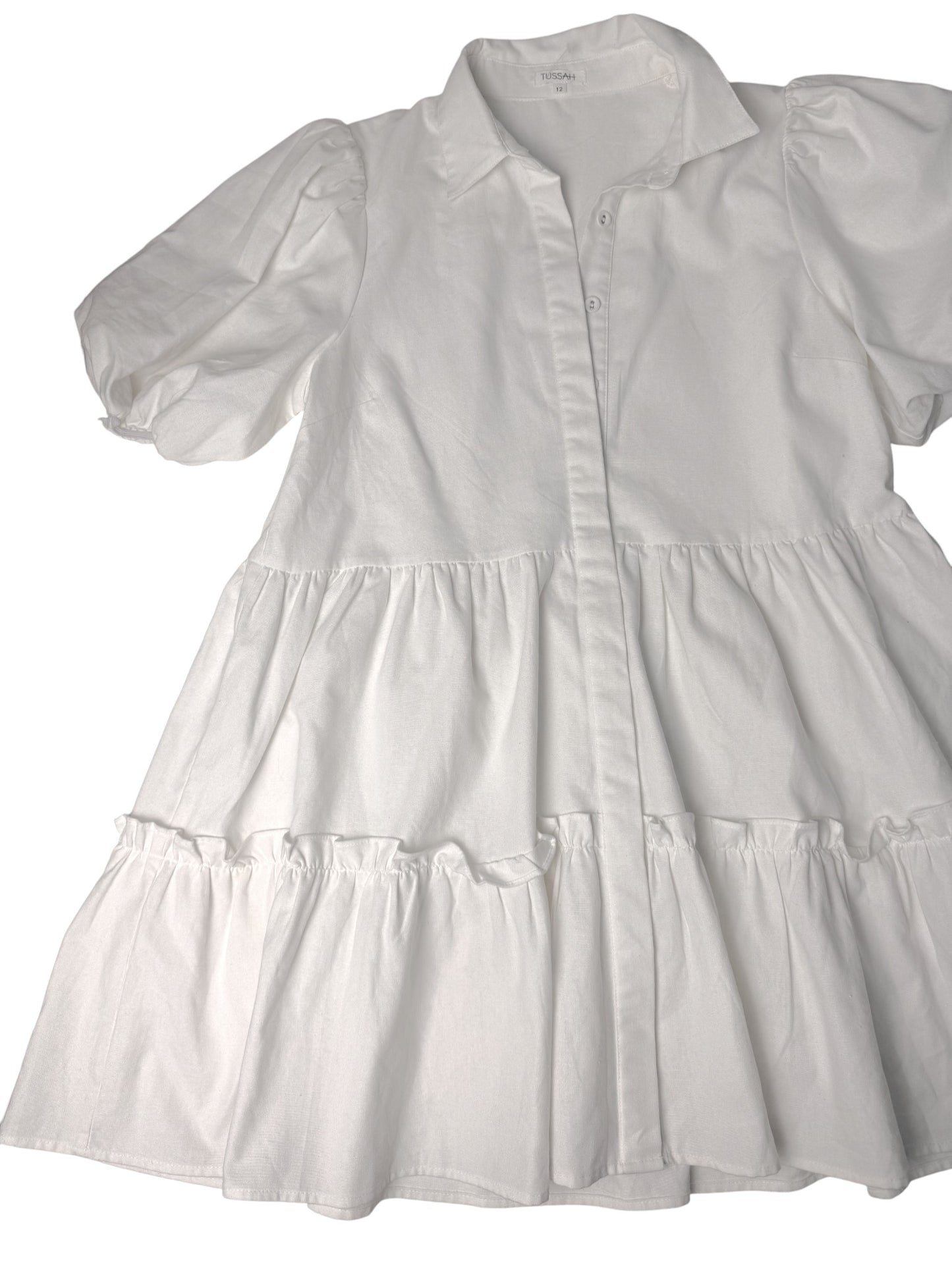 White Linen-Blend Tiered Mini Dress | Puffed Sleeve Babydoll Dress