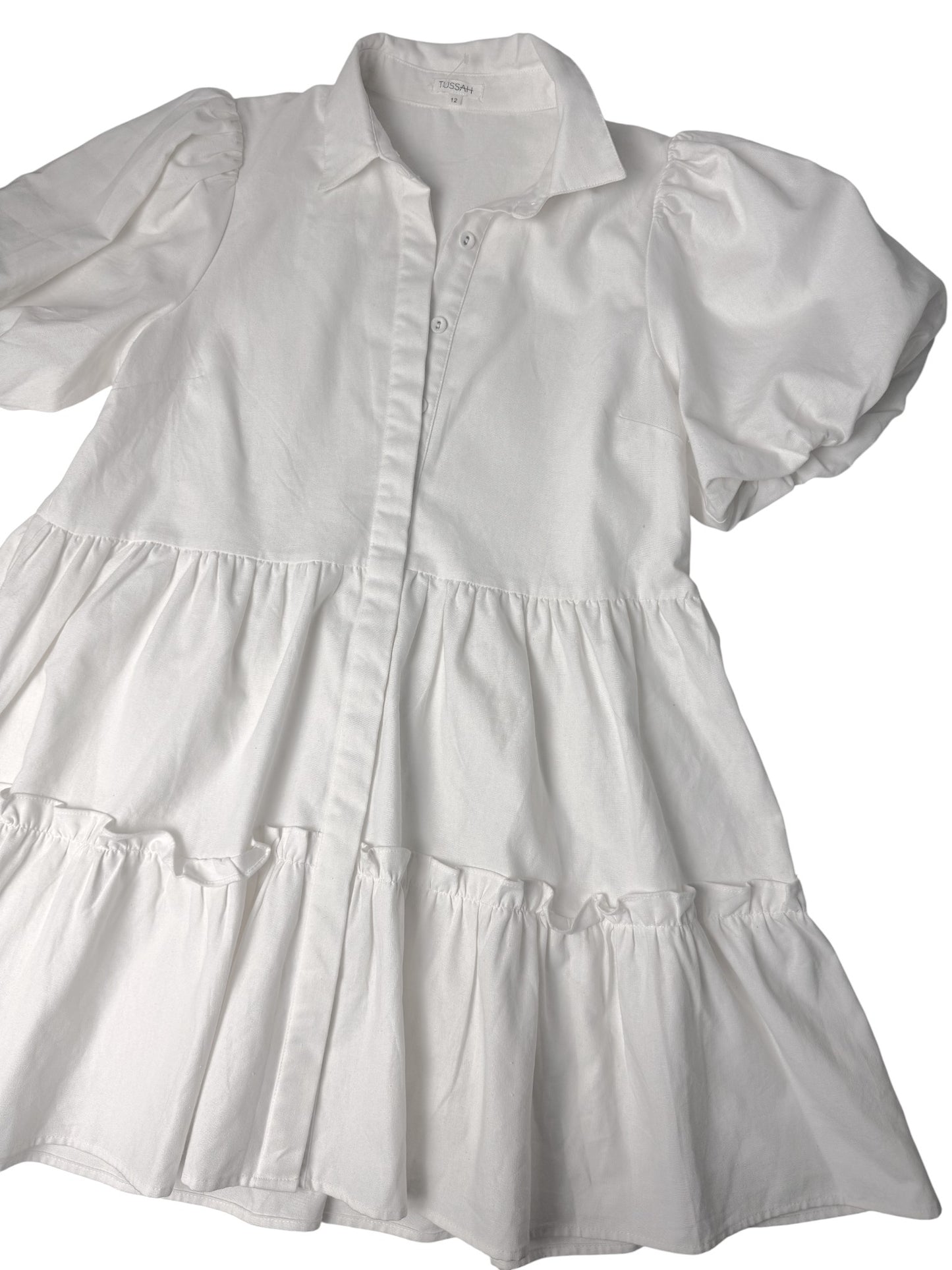 White Linen-Blend Tiered Mini Dress | Puffed Sleeve Babydoll Dress