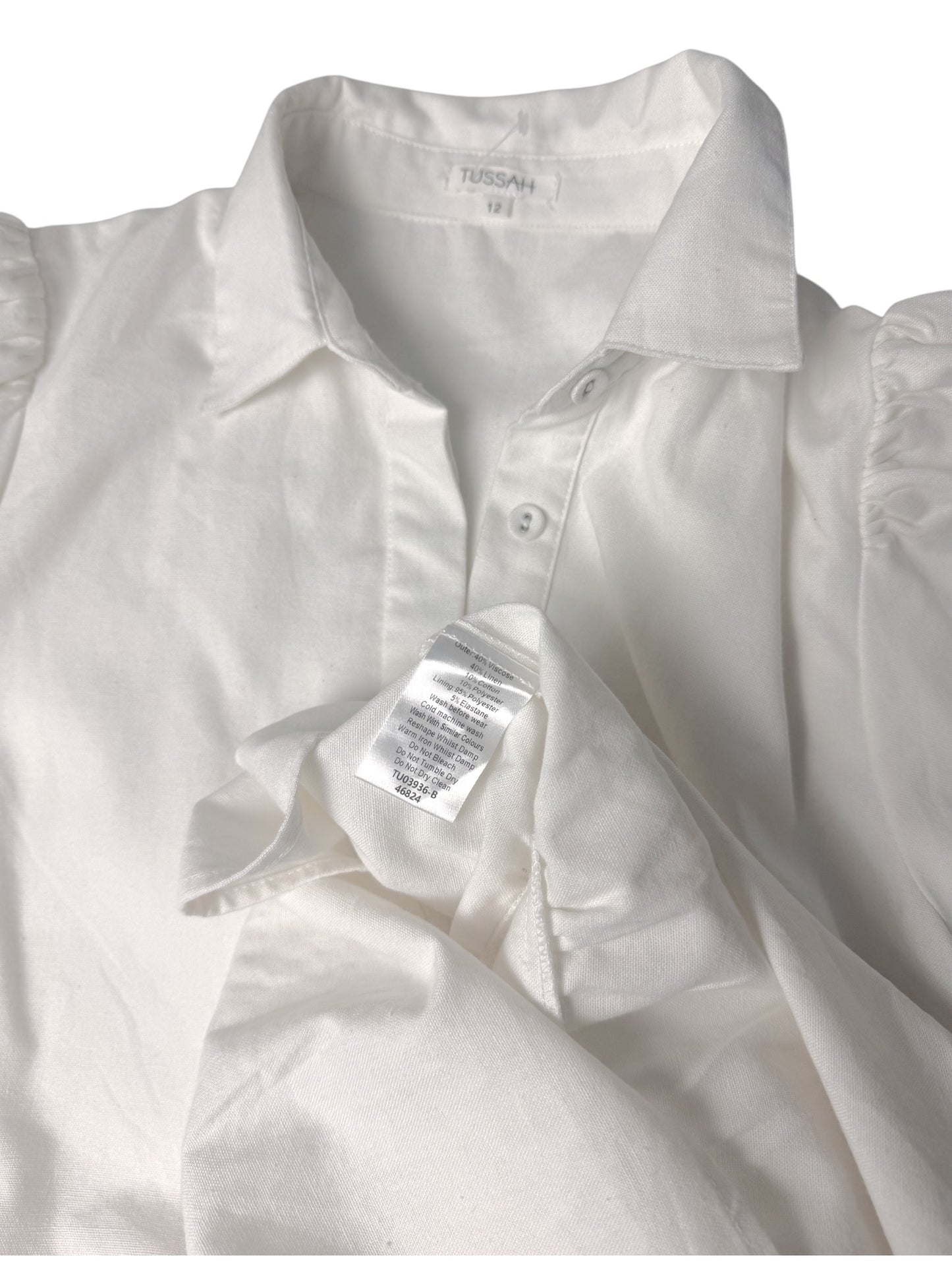 White Linen-Blend Tiered Mini Dress | Puffed Sleeve Babydoll Dress