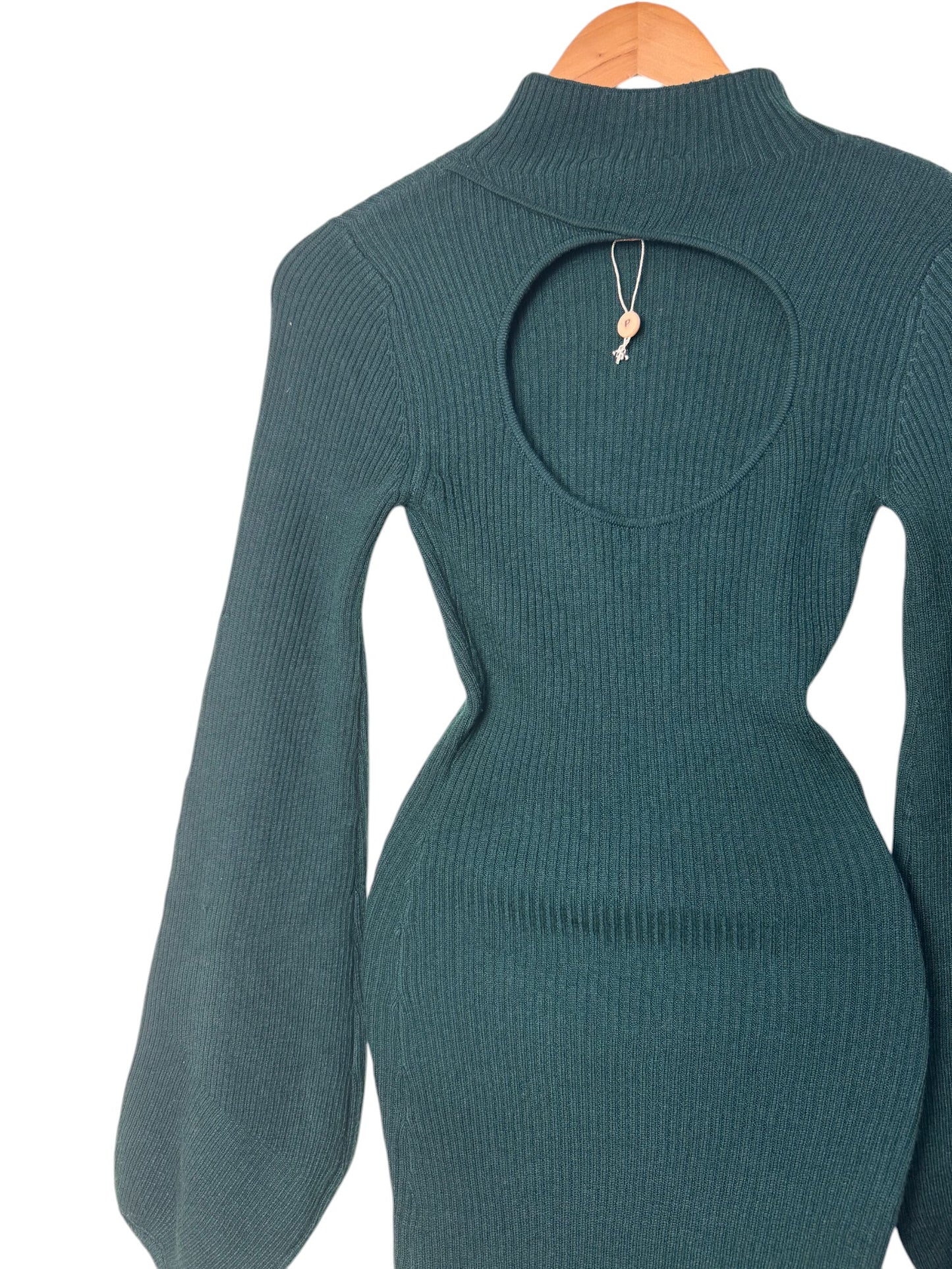 Dark Green Ribbed Knitted Bodycon Dress with Puffed Peasant Sleeves