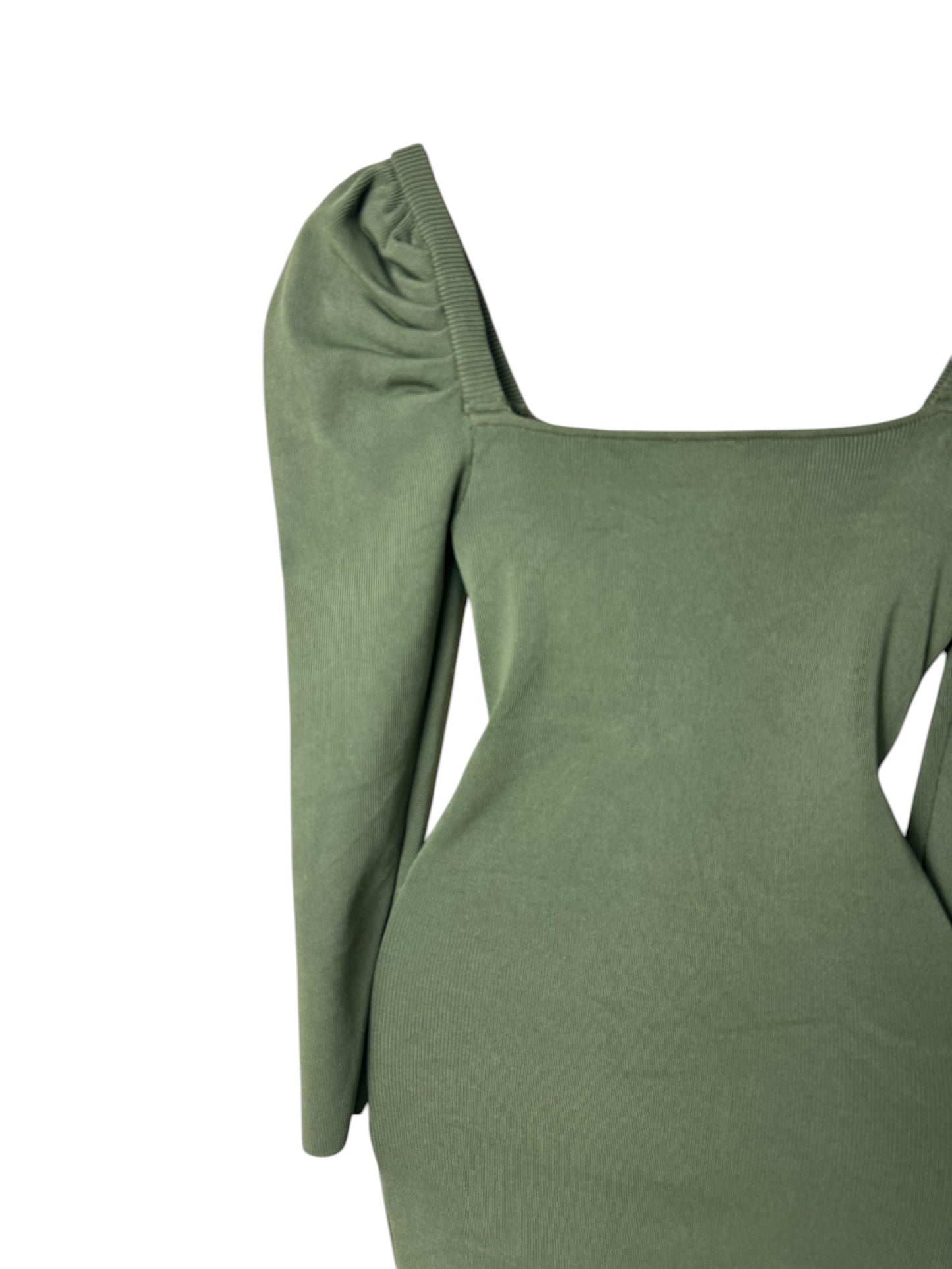 Sage Green Ribbed Midi Bodycon Dress with Leg of Mutton Sleeves