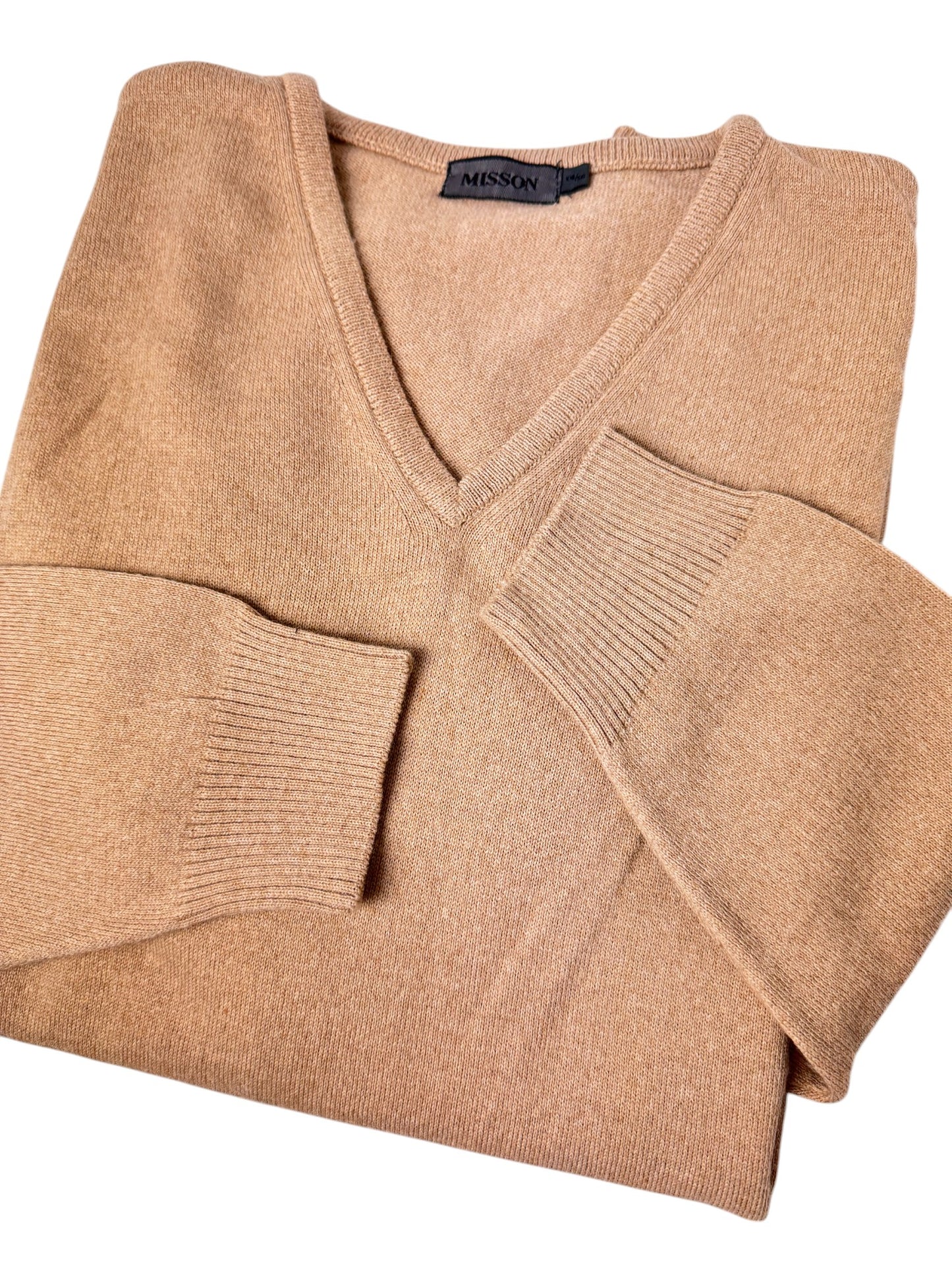 Beige Merino Wool Blend V-Neck Sweater