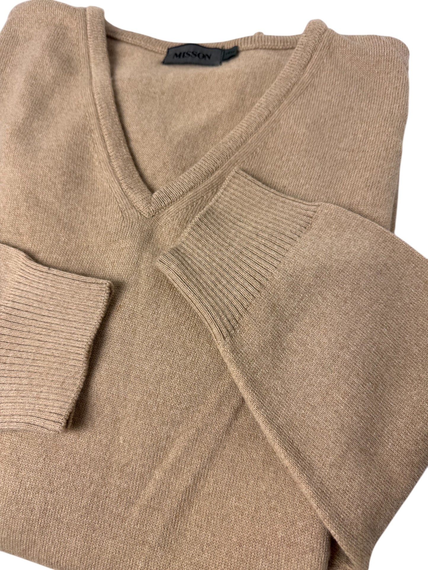 Beige Merino Wool Blend V-Neck Sweater